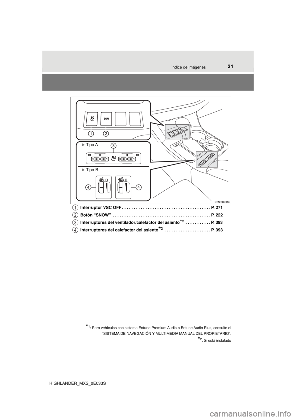 TOYOTA HIGHLANDER 2018 Manual del propietario (in Spanish) 21Índice de imágenes
HIGHLANDER_MXS_0E033SInterruptor VSC OFF . . . . . . . . . . . . . . . . . . . . . . . . . . . . . . . . . . . . . . P. 271
Botón “SNOW” . . . . . . . . . . . . . . . . . TOYOTA HIGHLANDER 2018 Manual del propietario (in Spanish) 21Índice de imágenes
HIGHLANDER_MXS_0E033SInterruptor VSC OFF . . . . . . . . . . . . . . . . . . . . . . . . . . . . . . . . . . . . . . P. 271
Botón “SNOW” . . . . . . . . . . . . . . . . .