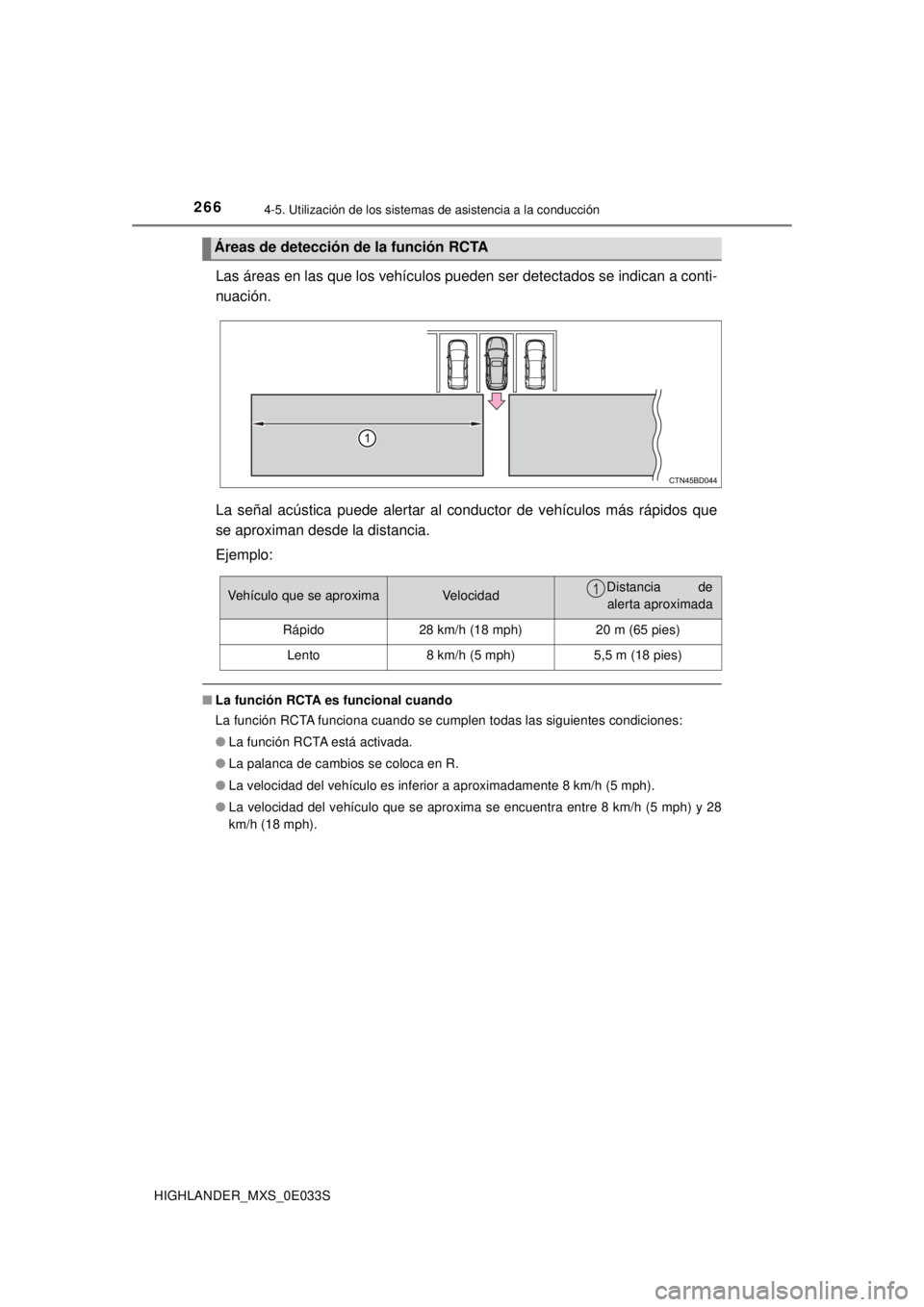 TOYOTA HIGHLANDER 2018  Manual del propietario (in Spanish) 2664-5. Utilización de los sistemas de asistencia a la conducción
HIGHLANDER_MXS_0E033S
Las áreas en las que los vehículos pueden ser detectados se indica\
n a conti-
nuación.
La señal acústica