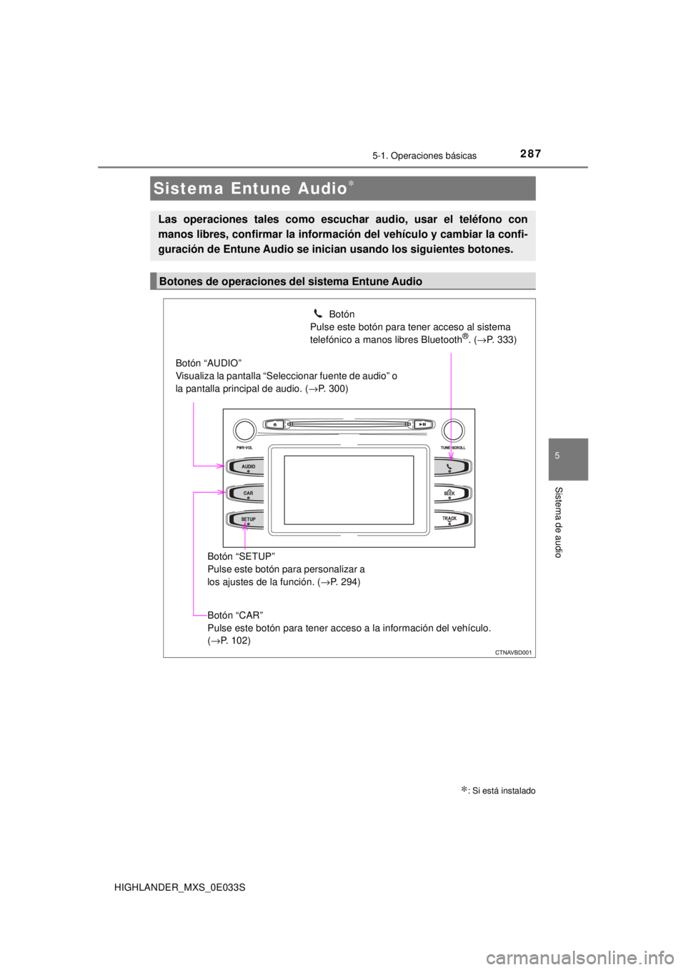 TOYOTA HIGHLANDER 2018  Manual del propietario (in Spanish) 2875-1. Operaciones básicas
5
Sistema de audio
HIGHLANDER_MXS_0E033S
Sistema Entune Audio∗
∗: Si está instalado
Las operaciones tales como escuchar audio, usar el teléfono con
manos libres, con
