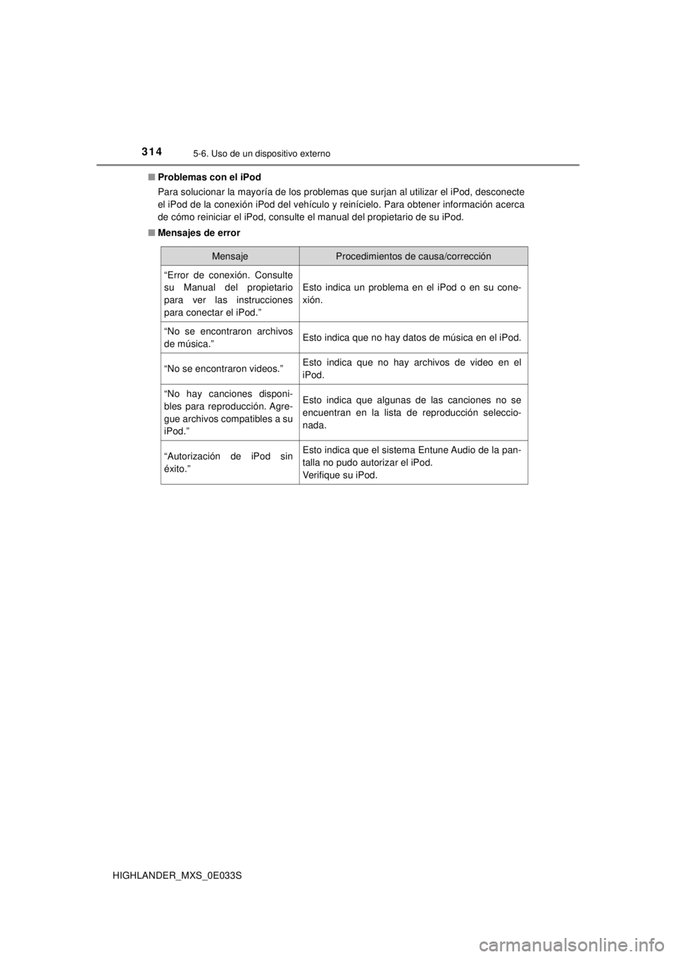 TOYOTA HIGHLANDER 2018 Manual del propietario (in Spanish) 3145-6. Uso de un dispositivo externo
HIGHLANDER_MXS_0E033S■
Problemas con el iPod
Para solucionar la mayoría de los problemas que surjan al utilizar el iPod, desconecte
el iPod de la conexión iPo TOYOTA HIGHLANDER 2018 Manual del propietario (in Spanish) 3145-6. Uso de un dispositivo externo
HIGHLANDER_MXS_0E033S■
Problemas con el iPod
Para solucionar la mayoría de los problemas que surjan al utilizar el iPod, desconecte
el iPod de la conexión iPo