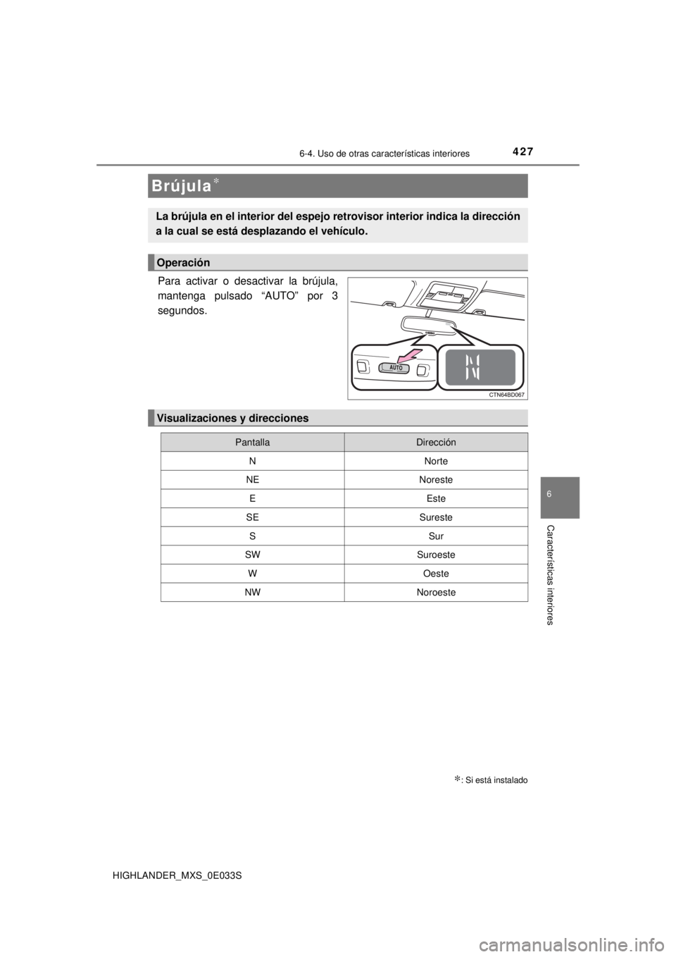 TOYOTA HIGHLANDER 2018 Manual del propietario (in Spanish) 4276-4. Uso de otras características interiores
6
Características interiores
HIGHLANDER_MXS_0E033S
Para activar o desactivar la brújula,
mantenga pulsado “AUTO” por 3
segundos.
Brújula∗
∗: TOYOTA HIGHLANDER 2018 Manual del propietario (in Spanish) 4276-4. Uso de otras características interiores
6
Características interiores
HIGHLANDER_MXS_0E033S
Para activar o desactivar la brújula,
mantenga pulsado “AUTO” por 3
segundos.
Brújula∗
∗: