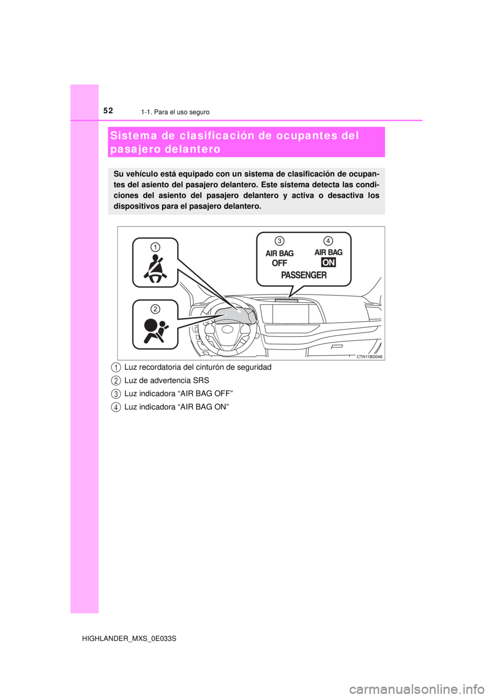 TOYOTA HIGHLANDER 2018 Manual del propietario (in Spanish) 521-1. Para el uso seguro
HIGHLANDER_MXS_0E033S
Sistema de clasificación de ocupantes del
pasajero delantero
Su vehículo está equipado con un sistema de clasificación de ocupan-
tes del asiento d TOYOTA HIGHLANDER 2018 Manual del propietario (in Spanish) 521-1. Para el uso seguro
HIGHLANDER_MXS_0E033S
Sistema de clasificación de ocupantes del
pasajero delantero
Su vehículo está equipado con un sistema de clasificación de ocupan-
tes del asiento d