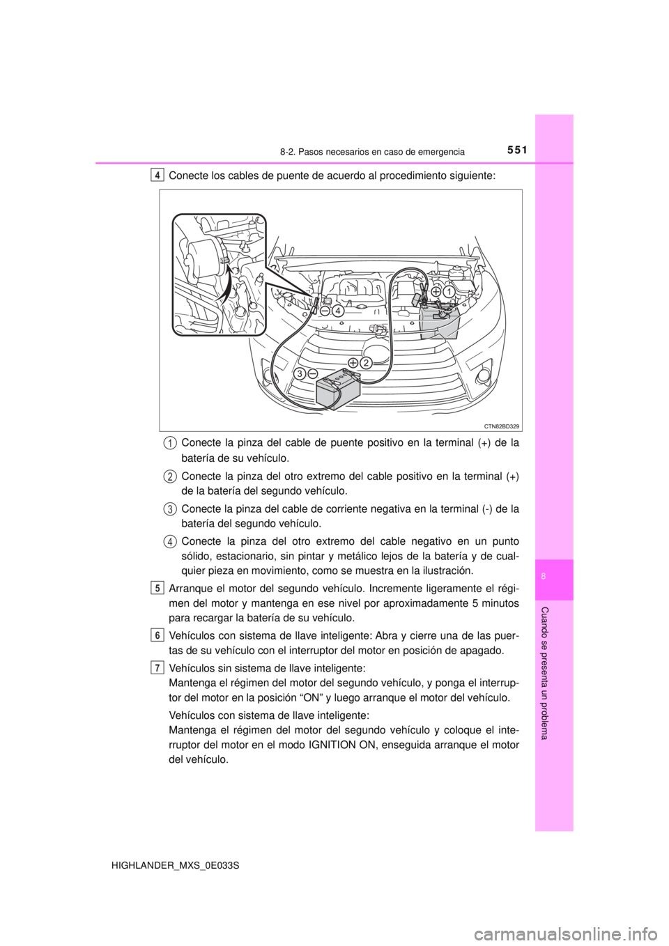 TOYOTA HIGHLANDER 2018 Manual del propietario (in Spanish) 5518-2. Pasos necesarios en caso de emergencia
8
Cuando se presenta un problema
HIGHLANDER_MXS_0E033S
Conecte los cables de puente de acuerdo al procedimiento siguiente:Conecte la pinza del cable de p TOYOTA HIGHLANDER 2018 Manual del propietario (in Spanish) 5518-2. Pasos necesarios en caso de emergencia
8
Cuando se presenta un problema
HIGHLANDER_MXS_0E033S
Conecte los cables de puente de acuerdo al procedimiento siguiente:Conecte la pinza del cable de p