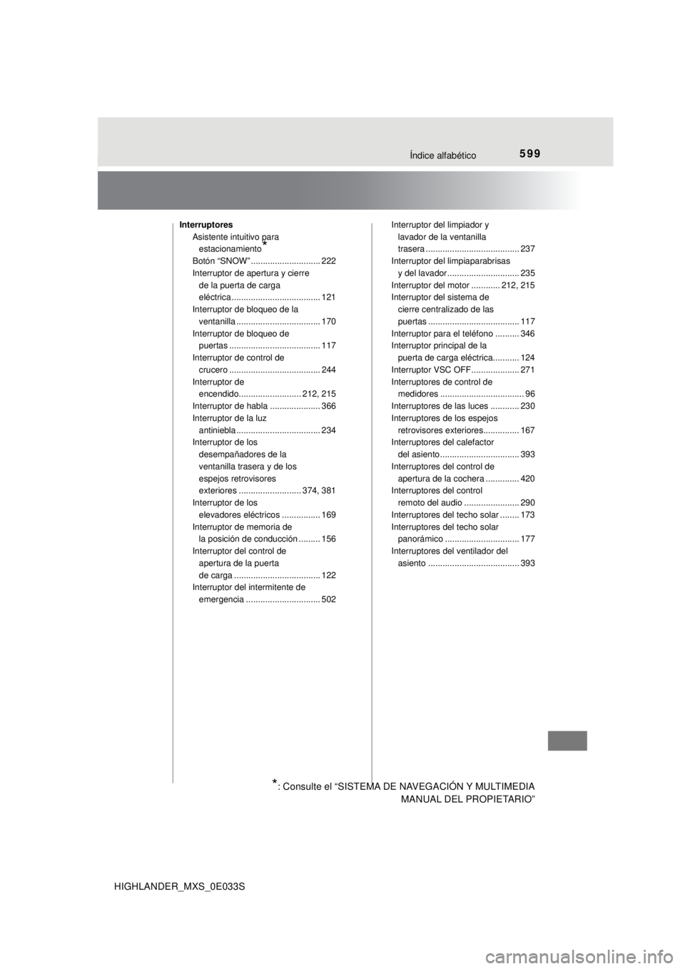 TOYOTA HIGHLANDER 2018  Manual del propietario (in Spanish) 599Índice alfabético
HIGHLANDER_MXS_0E033S
InterruptoresAsistente intuitivo para estacionamiento
*
Botón “SNOW” ............................. 222
Interruptor de apertura y cierre de la puerta d