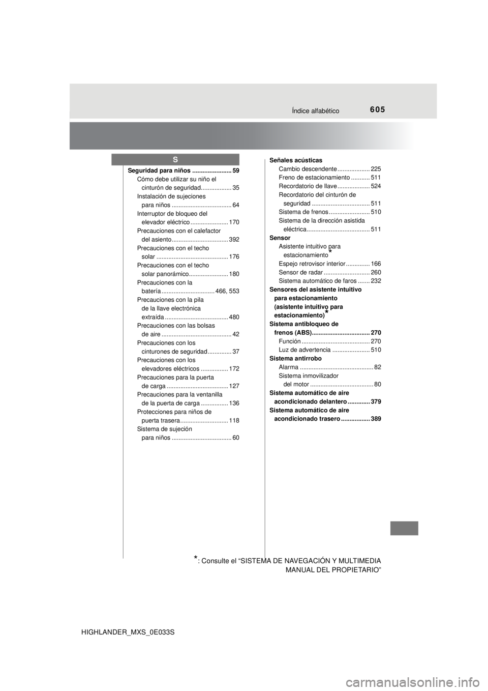 TOYOTA HIGHLANDER 2018  Manual del propietario (in Spanish) 605Índice alfabético
HIGHLANDER_MXS_0E033S
Seguridad para niños ....................... 59Cómo debe utilizar su niño el cinturón de seguridad.................. 35
Instalación de sujeciones  par