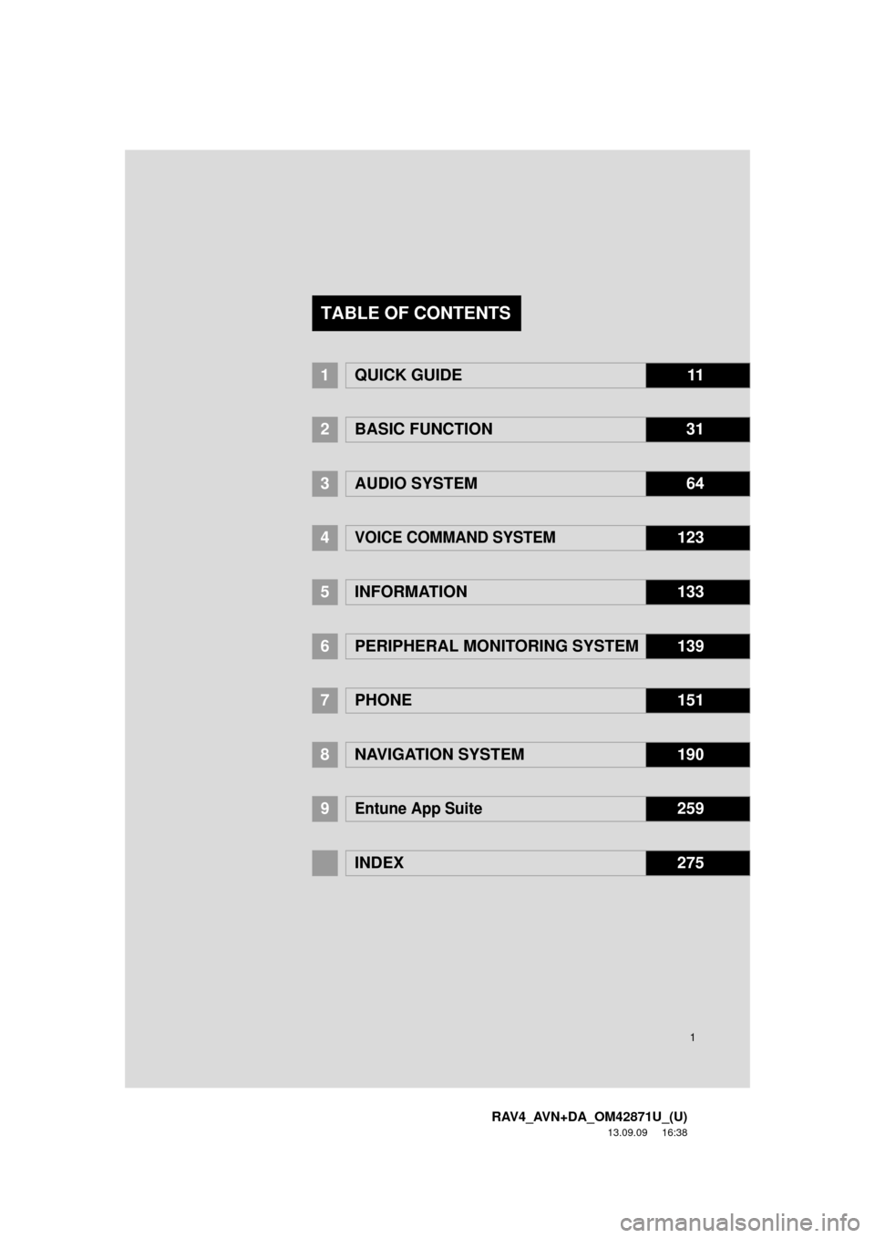 TOYOTA RAV4 2014 XA40 / 4.G Navigation Manual 1
RAV4_AVN+DA_OM42871U_(U)
13.09.09     16:38
1QUICK GUIDE11
2BASIC FUNCTION31
3AUDIO SYSTEM 64
4VOICE COMMAND SYSTEM123
5
INFORMATION133
6PERIPHERAL MONITORING SYSTEM139
7PHONE151
8NAVIGATION SYSTEM 