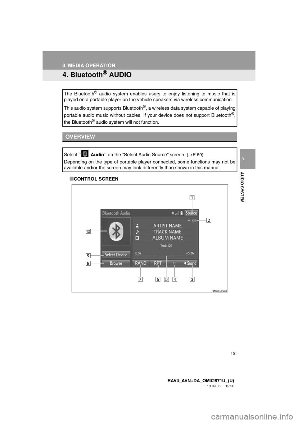 TOYOTA RAV4 2014 XA40 / 4.G Navigation Manual 101
3. MEDIA OPERATION
3
AUDIO SYSTEM
RAV4_AVN+DA_OM42871U_(U)
13.09.05 12:56
4. Bluetooth® AUDIO
■CONTROL SCREEN The Bluetooth
® audio system enables users to enjoy listening to music that is TOYOTA RAV4 2014 XA40 / 4.G Navigation Manual 101
3. MEDIA OPERATION
3
AUDIO SYSTEM
RAV4_AVN+DA_OM42871U_(U)
13.09.05 12:56
4. Bluetooth® AUDIO
■CONTROL SCREEN The Bluetooth
® audio system enables users to enjoy listening to music that is