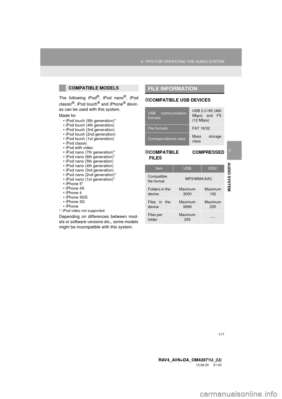 TOYOTA RAV4 2014 XA40 / 4.G Navigation Manual 117
6. TIPS FOR OPERATING THE AUDIO SYSTEM
3
AUDIO SYSTEM
RAV4_AVN+DA_OM42871U_(U)
13.08.30 21:03
The following iPod®, iPod nano®, iPod
classic®, iPod touch® and iPhone® devic-
es can be used TOYOTA RAV4 2014 XA40 / 4.G Navigation Manual 117
6. TIPS FOR OPERATING THE AUDIO SYSTEM
3
AUDIO SYSTEM
RAV4_AVN+DA_OM42871U_(U)
13.08.30 21:03
The following iPod®, iPod nano®, iPod
classic®, iPod touch® and iPhone® devic-
es can be used