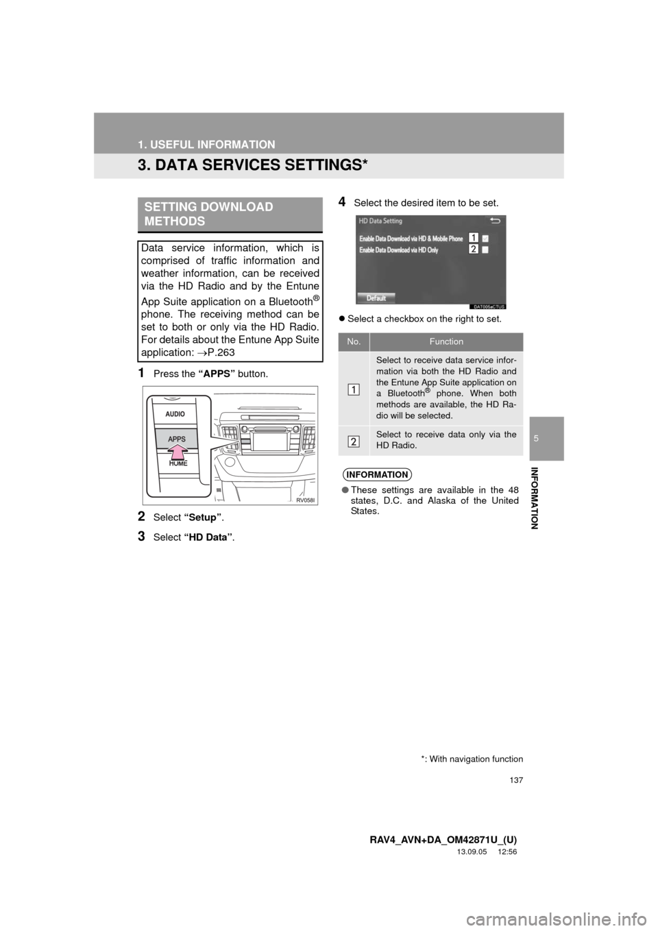 TOYOTA RAV4 2014 XA40 / 4.G Navigation Manual 137
1. USEFUL INFORMATION
5
INFORMATION
RAV4_AVN+DA_OM42871U_(U)
13.09.05 12:56
3. DATA SERVICES SETTINGS*
1Press the “APPS” button.
2Select “Setup”.
3Select “HD Data”.
4Select the des TOYOTA RAV4 2014 XA40 / 4.G Navigation Manual 137
1. USEFUL INFORMATION
5
INFORMATION
RAV4_AVN+DA_OM42871U_(U)
13.09.05 12:56
3. DATA SERVICES SETTINGS*
1Press the “APPS” button.
2Select “Setup”.
3Select “HD Data”.
4Select the des