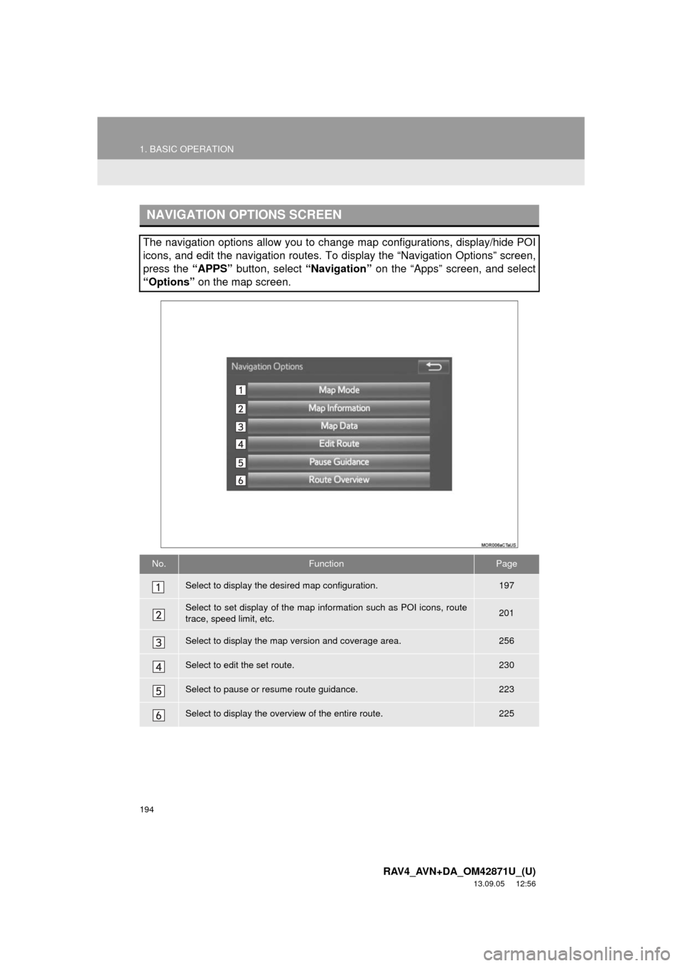 TOYOTA RAV4 2014 XA40 / 4.G Navigation Manual 194
1. BASIC OPERATION
RAV4_AVN+DA_OM42871U_(U)
13.09.05 12:56
NAVIGATION OPTIONS SCREEN
The navigation options allow you to change map configurations, display/hide POI
icons, and edit the navigat TOYOTA RAV4 2014 XA40 / 4.G Navigation Manual 194
1. BASIC OPERATION
RAV4_AVN+DA_OM42871U_(U)
13.09.05 12:56
NAVIGATION OPTIONS SCREEN
The navigation options allow you to change map configurations, display/hide POI
icons, and edit the navigat