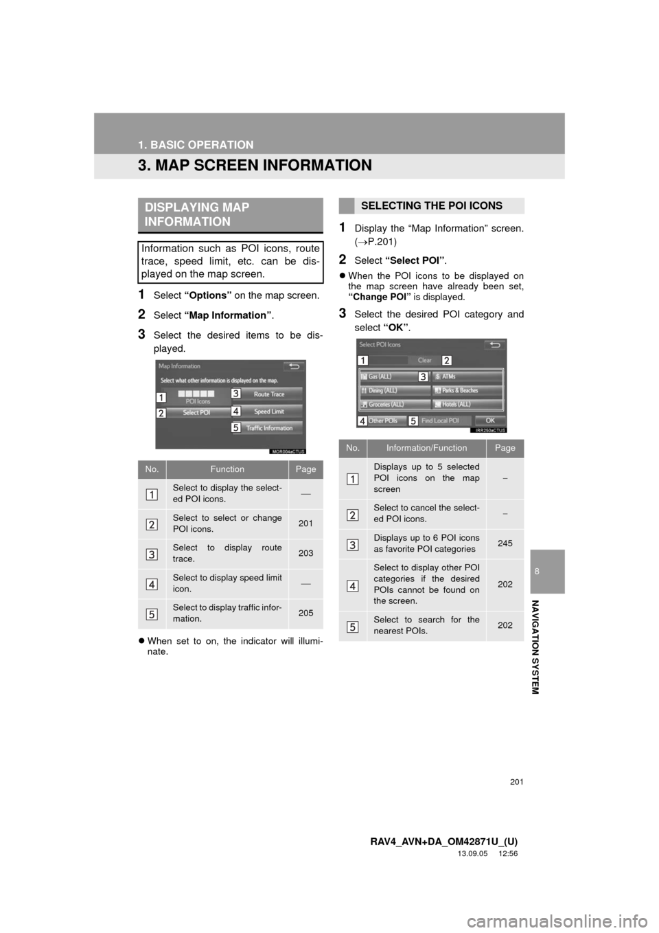 TOYOTA RAV4 2014 XA40 / 4.G Navigation Manual 201
1. BASIC OPERATION
8
NAVIGATION SYSTEM
RAV4_AVN+DA_OM42871U_(U)
13.09.05 12:56
3. MAP SCREEN INFORMATION
1Select “Options” on the map screen.
2Select “Map Information”.
3Select the des TOYOTA RAV4 2014 XA40 / 4.G Navigation Manual 201
1. BASIC OPERATION
8
NAVIGATION SYSTEM
RAV4_AVN+DA_OM42871U_(U)
13.09.05 12:56
3. MAP SCREEN INFORMATION
1Select “Options” on the map screen.
2Select “Map Information”.
3Select the des