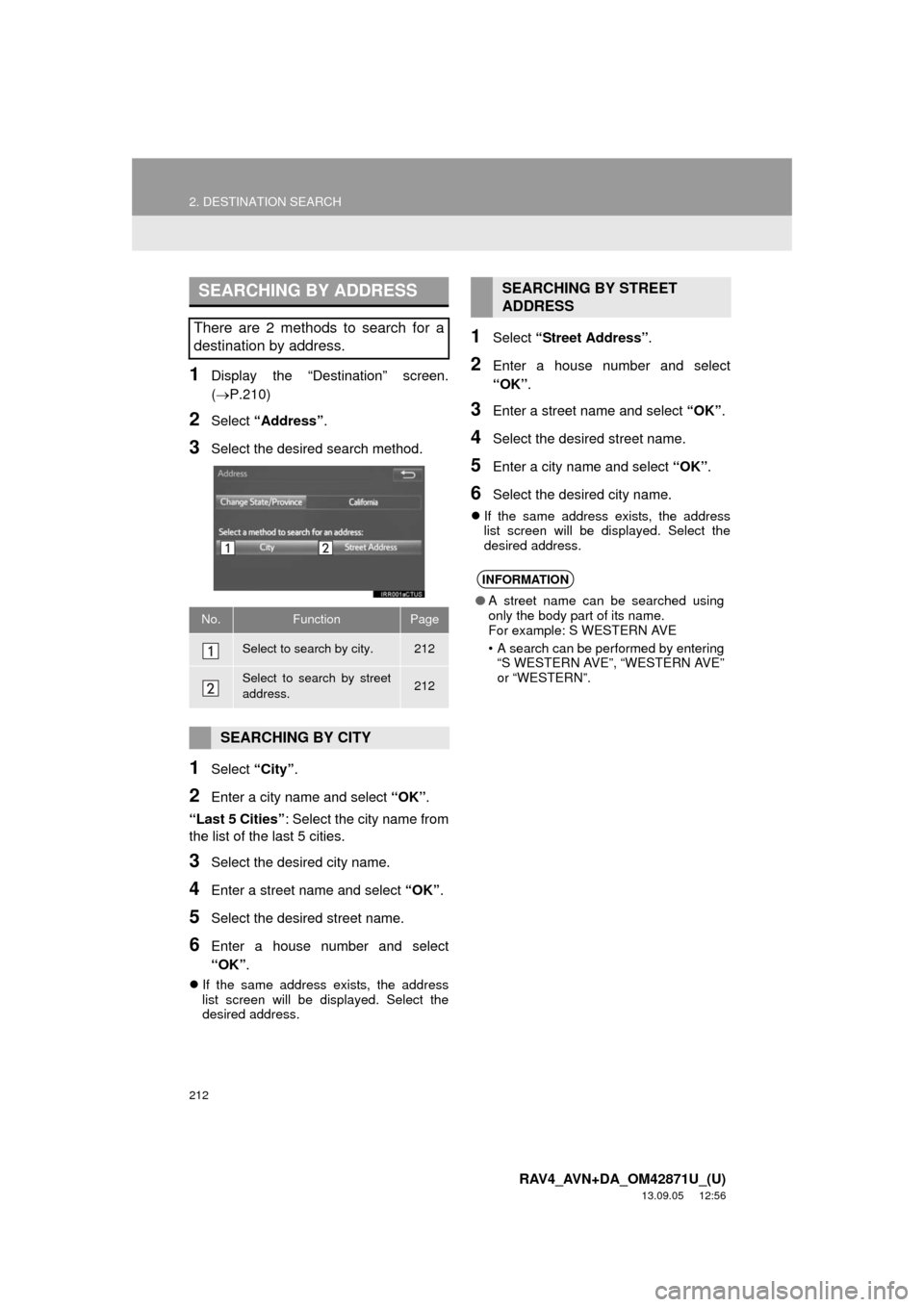 TOYOTA RAV4 2014 XA40 / 4.G Navigation Manual 212
2. DESTINATION SEARCH
RAV4_AVN+DA_OM42871U_(U)
13.09.05 12:56
1Display the “Destination” screen.
(P.210)
2Select “Address”.
3Select the desired search method.
1Select “City”.
2E TOYOTA RAV4 2014 XA40 / 4.G Navigation Manual 212
2. DESTINATION SEARCH
RAV4_AVN+DA_OM42871U_(U)
13.09.05 12:56
1Display the “Destination” screen.
(P.210)
2Select “Address”.
3Select the desired search method.
1Select “City”.
2E