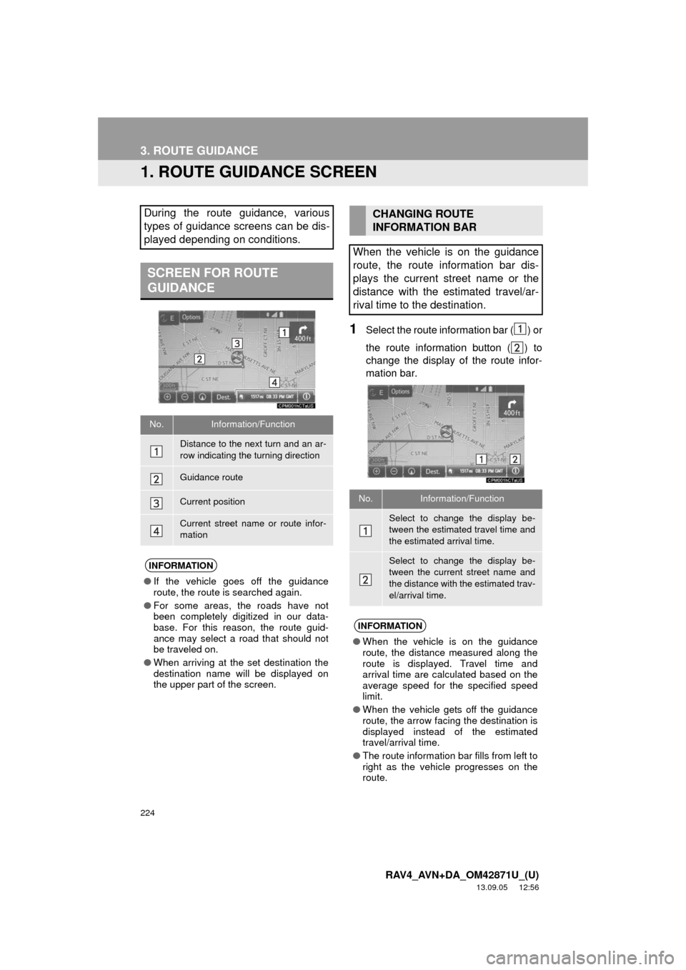 TOYOTA RAV4 2014 XA40 / 4.G Navigation Manual 224
RAV4_AVN+DA_OM42871U_(U)
13.09.05 12:56
3. ROUTE GUIDANCE
1. ROUTE GUIDANCE SCREEN
1Select the route information bar ( ) or
the route information button ( ) to
change the display of the route TOYOTA RAV4 2014 XA40 / 4.G Navigation Manual 224
RAV4_AVN+DA_OM42871U_(U)
13.09.05 12:56
3. ROUTE GUIDANCE
1. ROUTE GUIDANCE SCREEN
1Select the route information bar ( ) or
the route information button ( ) to
change the display of the route