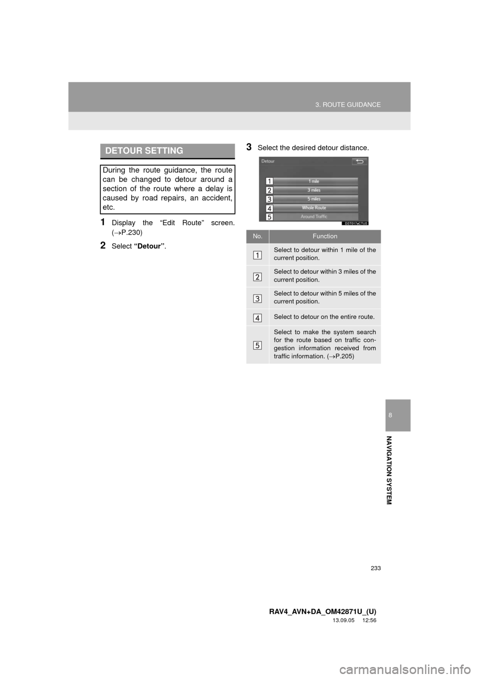 TOYOTA RAV4 2014 XA40 / 4.G Navigation Manual 233
3. ROUTE GUIDANCE
8
NAVIGATION SYSTEM
RAV4_AVN+DA_OM42871U_(U)
13.09.05 12:56
1Display the “Edit Route” screen.
(P.230)
2Select “Detour”.
3Select the desired detour distance.DETOUR TOYOTA RAV4 2014 XA40 / 4.G Navigation Manual 233
3. ROUTE GUIDANCE
8
NAVIGATION SYSTEM
RAV4_AVN+DA_OM42871U_(U)
13.09.05 12:56
1Display the “Edit Route” screen.
(P.230)
2Select “Detour”.
3Select the desired detour distance.DETOUR