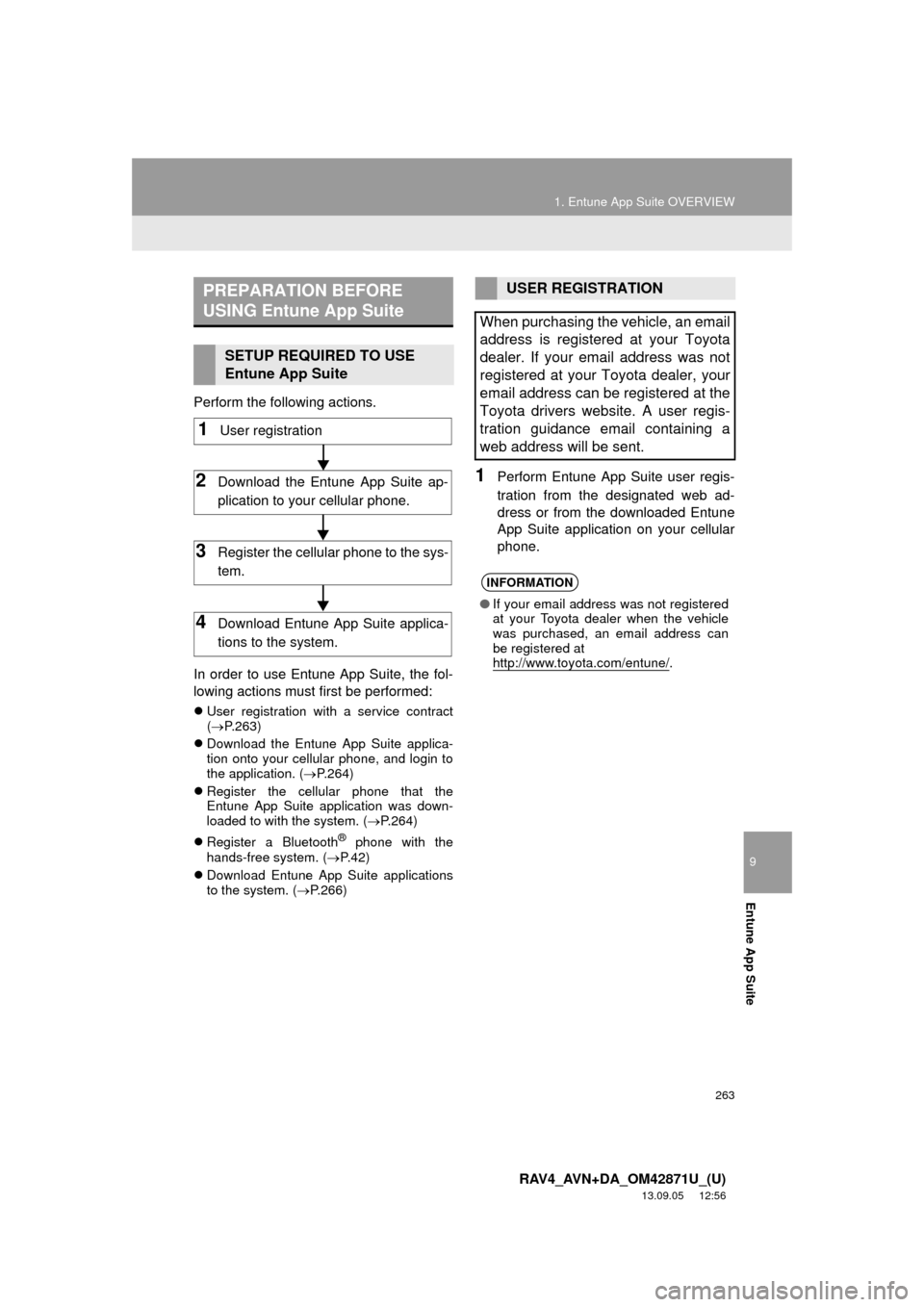 TOYOTA RAV4 2014 XA40 / 4.G Navigation Manual 9
Entune App Suite
263
1. Entune App Suite OVERVIEW
RAV4_AVN+DA_OM42871U_(U)
13.09.05 12:56
Perform the following actions.
In order to use Entune App Suite, the fol-
lowing actions must first be p TOYOTA RAV4 2014 XA40 / 4.G Navigation Manual 9
Entune App Suite
263
1. Entune App Suite OVERVIEW
RAV4_AVN+DA_OM42871U_(U)
13.09.05 12:56
Perform the following actions.
In order to use Entune App Suite, the fol-
lowing actions must first be p