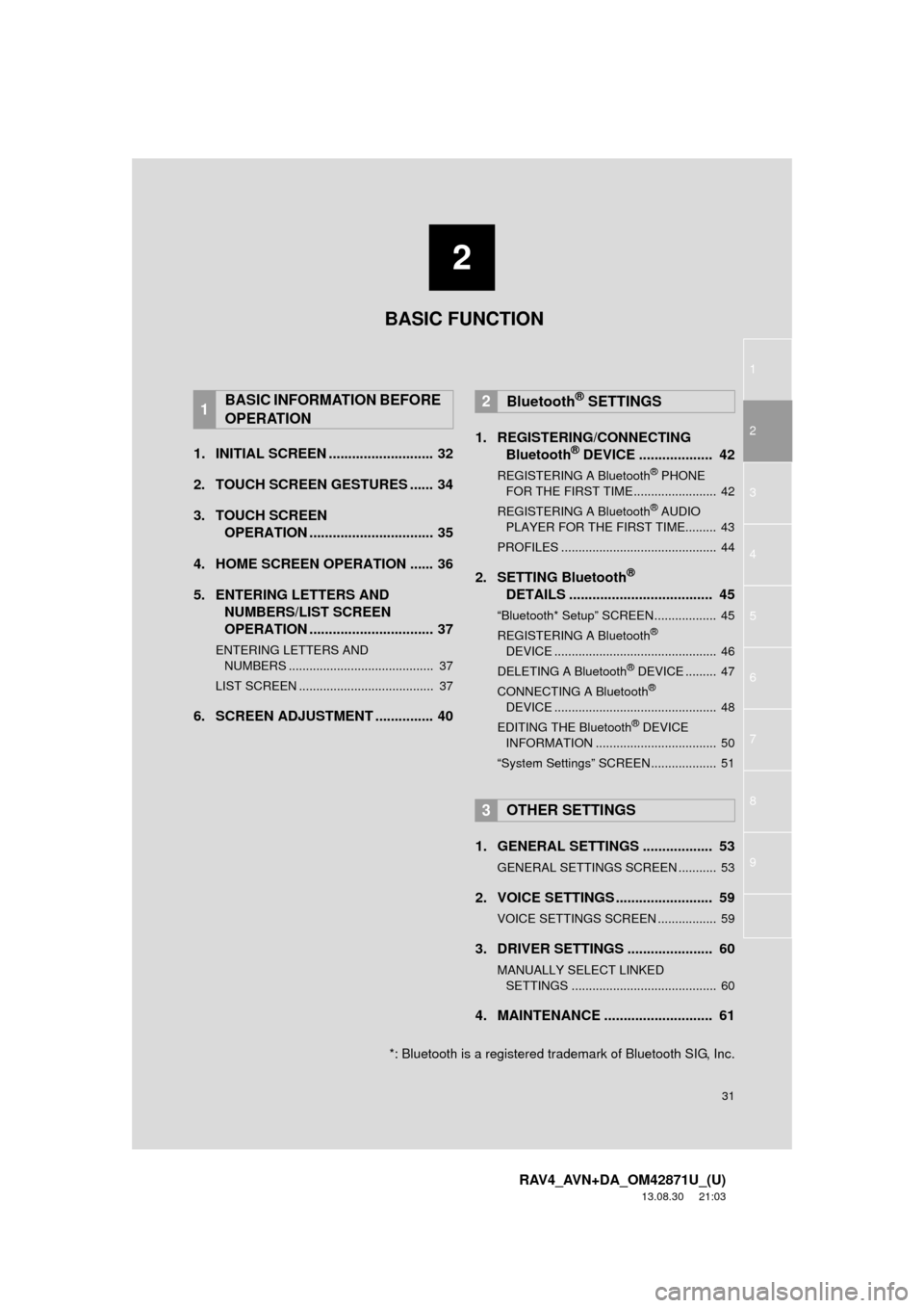 TOYOTA RAV4 2014 XA40 / 4.G Navigation Manual 1
2
3
4
5
6
7
8
2
31
RAV4_AVN+DA_OM42871U_(U)
13.08.30 21:03
9
1. INITIAL SCREEN ........................... 32
2. TOUCH SCREEN GESTURES ...... 34
3. TOUCH SCREEN
OPERATION ...................... TOYOTA RAV4 2014 XA40 / 4.G Navigation Manual 1
2
3
4
5
6
7
8
2
31
RAV4_AVN+DA_OM42871U_(U)
13.08.30 21:03
9
1. INITIAL SCREEN ........................... 32
2. TOUCH SCREEN GESTURES ...... 34
3. TOUCH SCREEN
OPERATION ......................