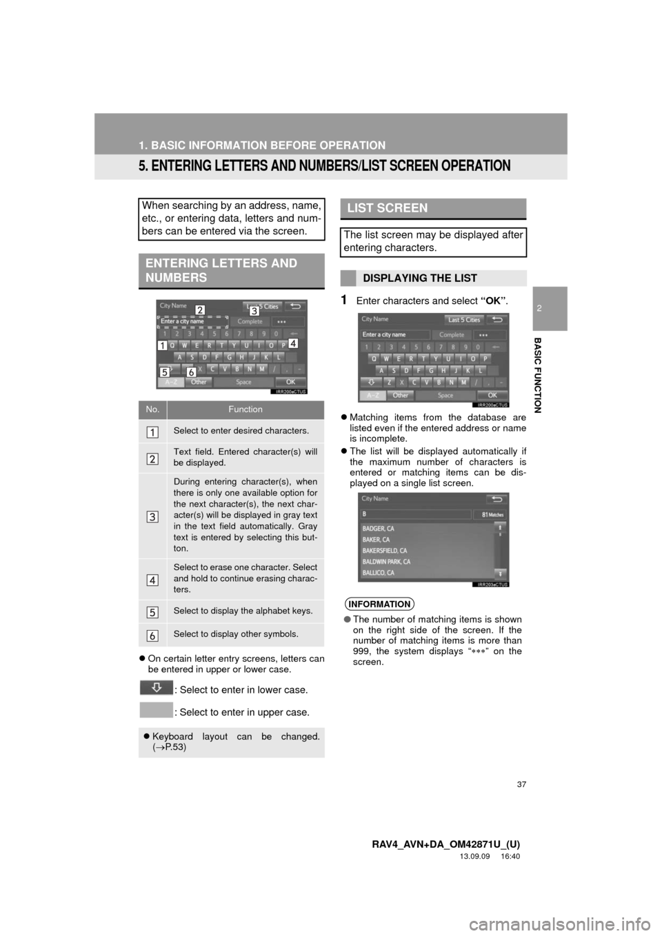 TOYOTA RAV4 2014 XA40 / 4.G Navigation Manual 37
1. BASIC INFORMATION BEFORE OPERATION
2
BASIC FUNCTION
RAV4_AVN+DA_OM42871U_(U)
13.09.09 16:40
5. ENTERING LETTERS AND NUMBERS/LIST SCREEN OPERATION
On certain letter entry screens, letters TOYOTA RAV4 2014 XA40 / 4.G Navigation Manual 37
1. BASIC INFORMATION BEFORE OPERATION
2
BASIC FUNCTION
RAV4_AVN+DA_OM42871U_(U)
13.09.09 16:40
5. ENTERING LETTERS AND NUMBERS/LIST SCREEN OPERATION
On certain letter entry screens, letters