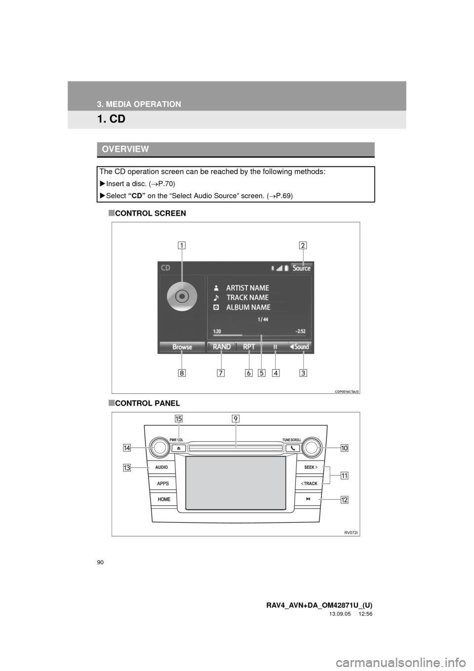 TOYOTA RAV4 2014 XA40 / 4.G Navigation Manual 90
RAV4_AVN+DA_OM42871U_(U)
13.09.05 12:56
3. MEDIA OPERATION
1. CD
■CONTROL SCREEN
■CONTROL PANEL
OVERVIEW
The CD operation screen can be reached by the following methods:
Insert a disc. ( TOYOTA RAV4 2014 XA40 / 4.G Navigation Manual 90
RAV4_AVN+DA_OM42871U_(U)
13.09.05 12:56
3. MEDIA OPERATION
1. CD
■CONTROL SCREEN
■CONTROL PANEL
OVERVIEW
The CD operation screen can be reached by the following methods:
Insert a disc. (