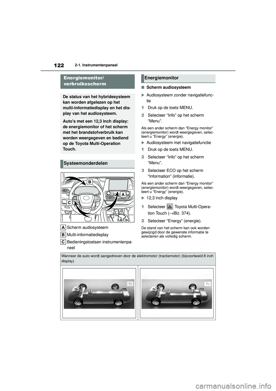 TOYOTA HIGHLANDER HYBRID 2021  Instructieboekje (in Dutch) 1222-1. Instrumentenpaneel
HIGHLANDER HV_EE
Scherm audiosysteem
Multi-informatiedisplay
Bedieningstoetsen instrumentenpa-
neel
■Scherm audiosysteem
Audiosysteem zonder navigatiefunc-
tie
1 Druk o