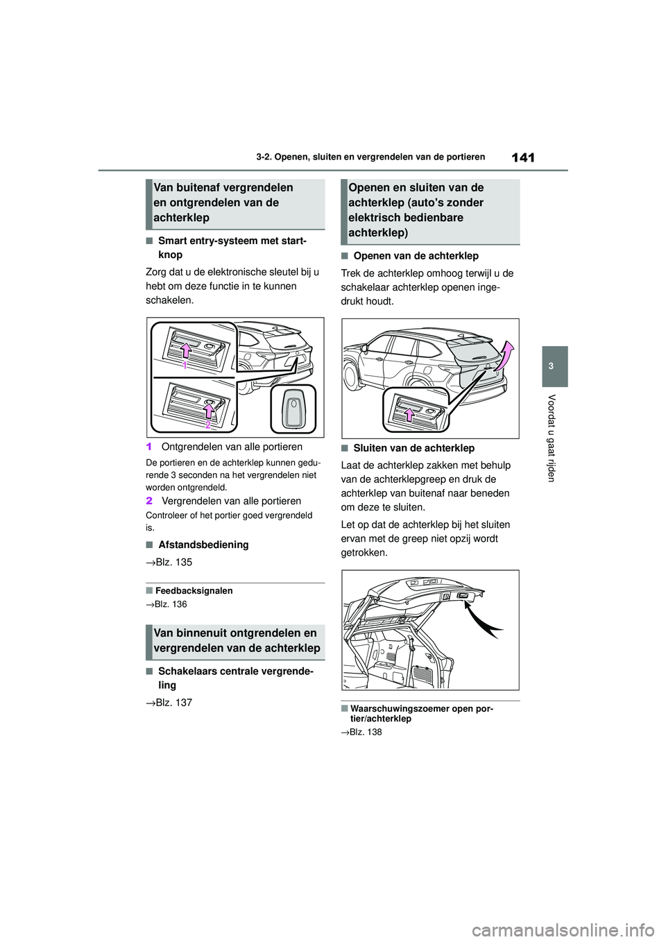 TOYOTA HIGHLANDER HYBRID 2021 Instructieboekje (in Dutch) 141
3
3-2. Openen, sluiten en vergrendelen van de portieren
Voordat u gaat rijden
HIGHLANDER HV_EE
■Smart entry-systeem met start-
knop
Zorg dat u de elektronische sleutel bij u
hebt om deze functi TOYOTA HIGHLANDER HYBRID 2021 Instructieboekje (in Dutch) 141
3
3-2. Openen, sluiten en vergrendelen van de portieren
Voordat u gaat rijden
HIGHLANDER HV_EE
■Smart entry-systeem met start-
knop
Zorg dat u de elektronische sleutel bij u
hebt om deze functi