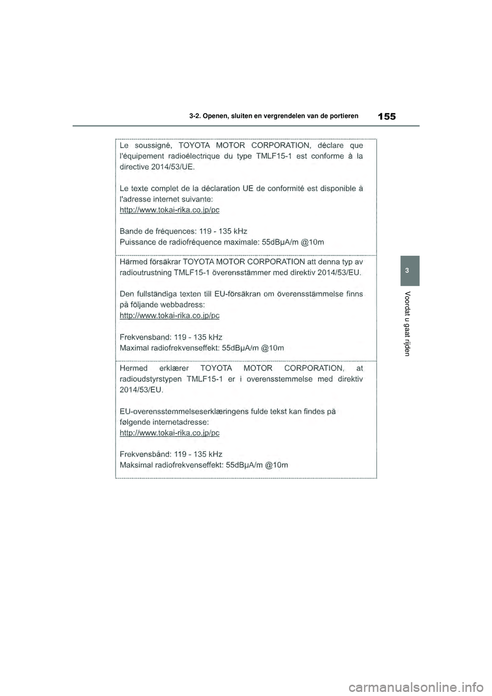 TOYOTA HIGHLANDER HYBRID 2021 Instructieboekje (in Dutch) 155
3
3-2. Openen, sluiten en vergrendelen van de portieren
Voordat u gaat rijden
HIGHLANDER HV_EE
HIGHLANDER-HYBRID_OM_Europe_OM48G42E.book Page
155 Thursday, September 3, 2020 8:42 AM TOYOTA HIGHLANDER HYBRID 2021 Instructieboekje (in Dutch) 155
3
3-2. Openen, sluiten en vergrendelen van de portieren
Voordat u gaat rijden
HIGHLANDER HV_EE
HIGHLANDER-HYBRID_OM_Europe_OM48G42E.book Page
155 Thursday, September 3, 2020 8:42 AM
