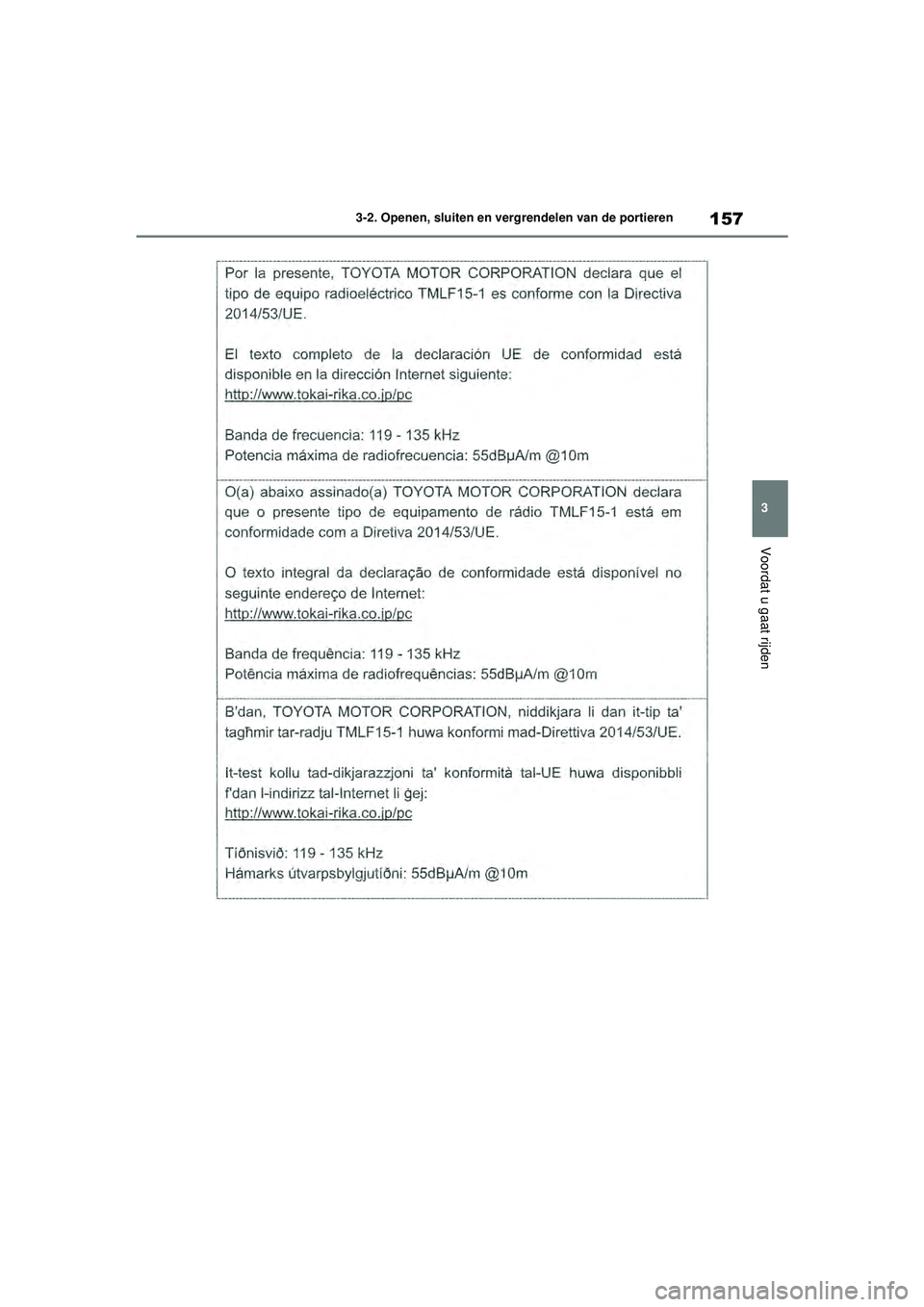 TOYOTA HIGHLANDER HYBRID 2021 Instructieboekje (in Dutch) 157
3
3-2. Openen, sluiten en vergrendelen van de portieren
Voordat u gaat rijden
HIGHLANDER HV_EE
HIGHLANDER-HYBRID_OM_Europe_OM48G42E.book Page
157 Thursday, September 3, 2020 8:42 AM TOYOTA HIGHLANDER HYBRID 2021 Instructieboekje (in Dutch) 157
3
3-2. Openen, sluiten en vergrendelen van de portieren
Voordat u gaat rijden
HIGHLANDER HV_EE
HIGHLANDER-HYBRID_OM_Europe_OM48G42E.book Page
157 Thursday, September 3, 2020 8:42 AM