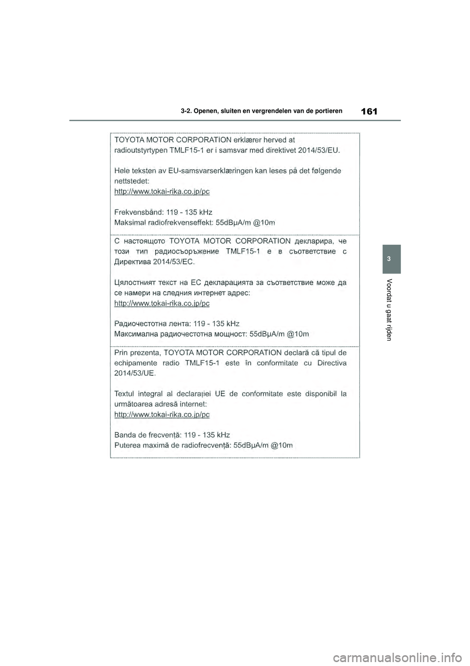 TOYOTA HIGHLANDER HYBRID 2021  Instructieboekje (in Dutch) 161
3
3-2. Openen, sluiten en vergrendelen van de portieren
Voordat u gaat rijden
HIGHLANDER HV_EE
HIGHLANDER-HYBRID_OM_Europe_OM48G42E.book  Page 
161  Thursday, September 3, 2020  8:42 AM 