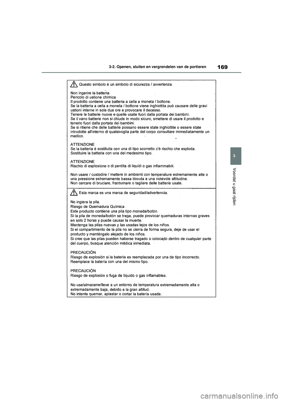 TOYOTA HIGHLANDER HYBRID 2021  Instructieboekje (in Dutch) 169
3
3-2. Openen, sluiten en vergrendelen van de portieren
Voordat u gaat rijden
HIGHLANDER HV_EE
HIGHLANDER-HYBRID_OM_Europe_OM48G42E.book  Page 
169  Thursday, September 3, 2020  8:42 AM 