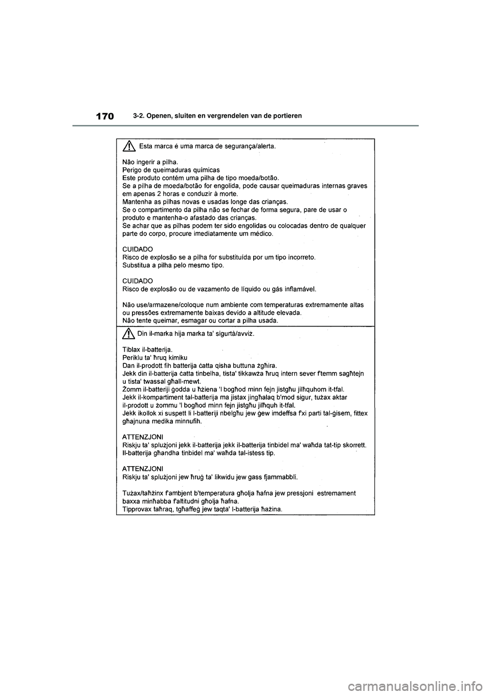 TOYOTA HIGHLANDER HYBRID 2021  Instructieboekje (in Dutch) 1703-2. Openen, sluiten en vergrendelen van de portieren
HIGHLANDER HV_EE
HIGHLANDER-HYBRID_OM_Europe_OM48G42E.book  Page  170  Thursday, September 3, 2020  8:42 AM 