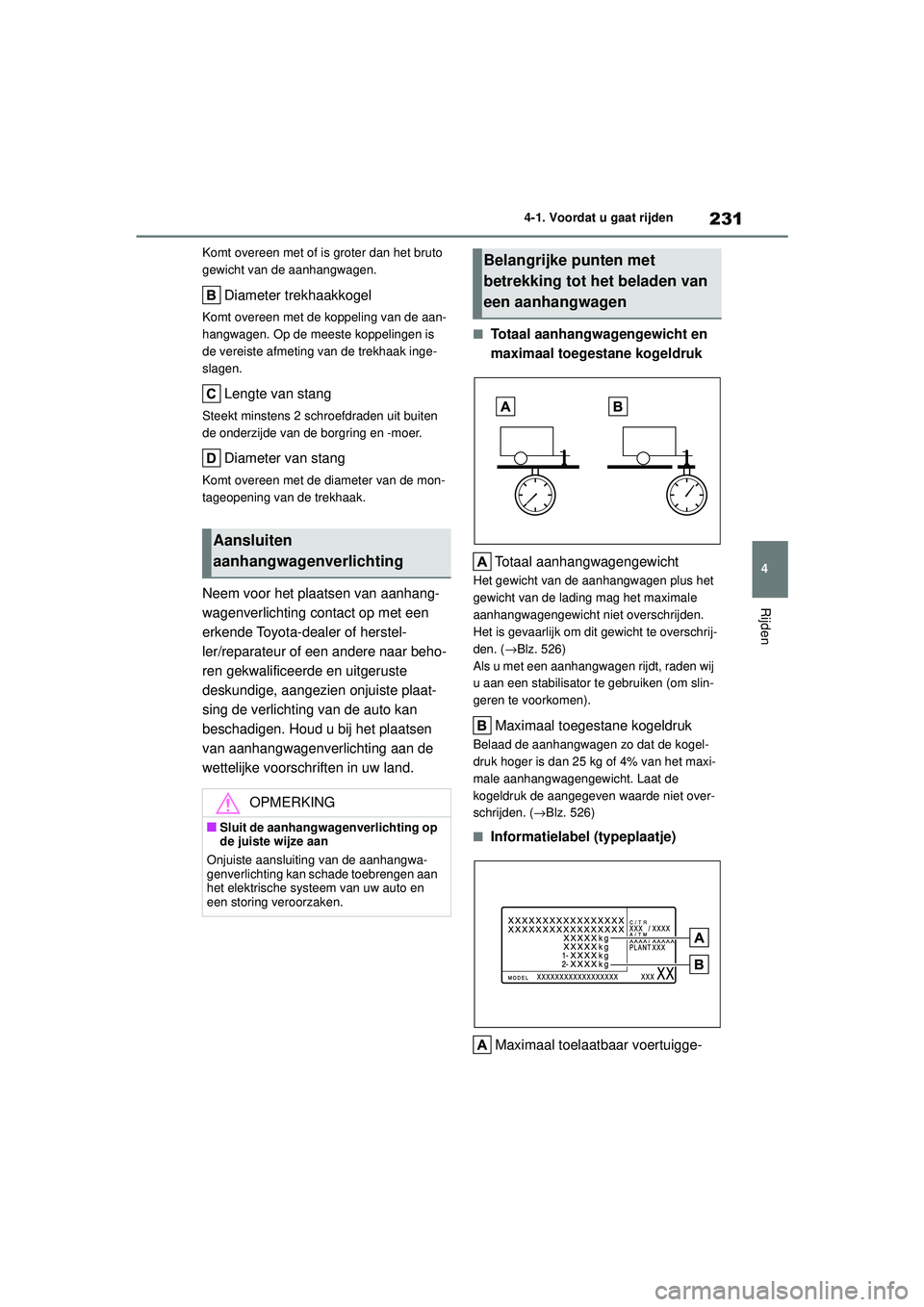 TOYOTA HIGHLANDER HYBRID 2021 Instructieboekje (in Dutch) 231
4
4-1. Voordat u gaat rijden
Rijden
HIGHLANDER HV_EE Komt overeen met of is groter dan het bruto
gewicht van de aanhangwagen.
Diameter trekhaakkogel
Komt overeen met de koppeling van de aan-
hang TOYOTA HIGHLANDER HYBRID 2021 Instructieboekje (in Dutch) 231
4
4-1. Voordat u gaat rijden
Rijden
HIGHLANDER HV_EE Komt overeen met of is groter dan het bruto
gewicht van de aanhangwagen.
Diameter trekhaakkogel
Komt overeen met de koppeling van de aan-
hang