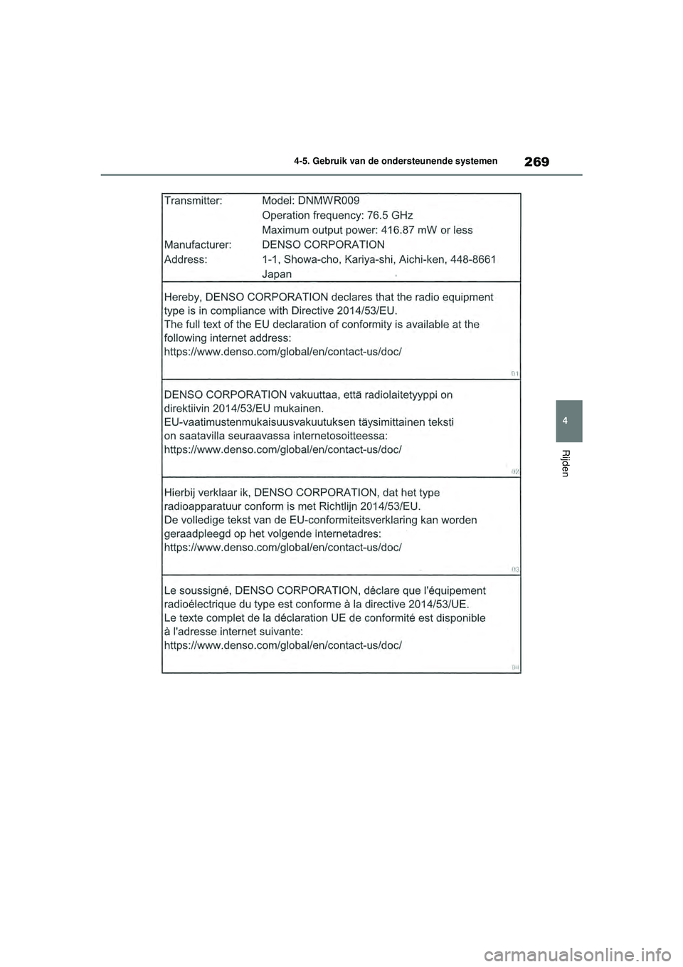 TOYOTA HIGHLANDER HYBRID 2021 Instructieboekje (in Dutch) 269
4
4-5. Gebruik van de ondersteunende systemen
Rijden
HIGHLANDER HV_EE
HIGHLANDER-HYBRID_OM_Europe_OM48G42E.book Page
269 Thursday, September 3, 2020 8:42 AM TOYOTA HIGHLANDER HYBRID 2021 Instructieboekje (in Dutch) 269
4
4-5. Gebruik van de ondersteunende systemen
Rijden
HIGHLANDER HV_EE
HIGHLANDER-HYBRID_OM_Europe_OM48G42E.book Page
269 Thursday, September 3, 2020 8:42 AM
