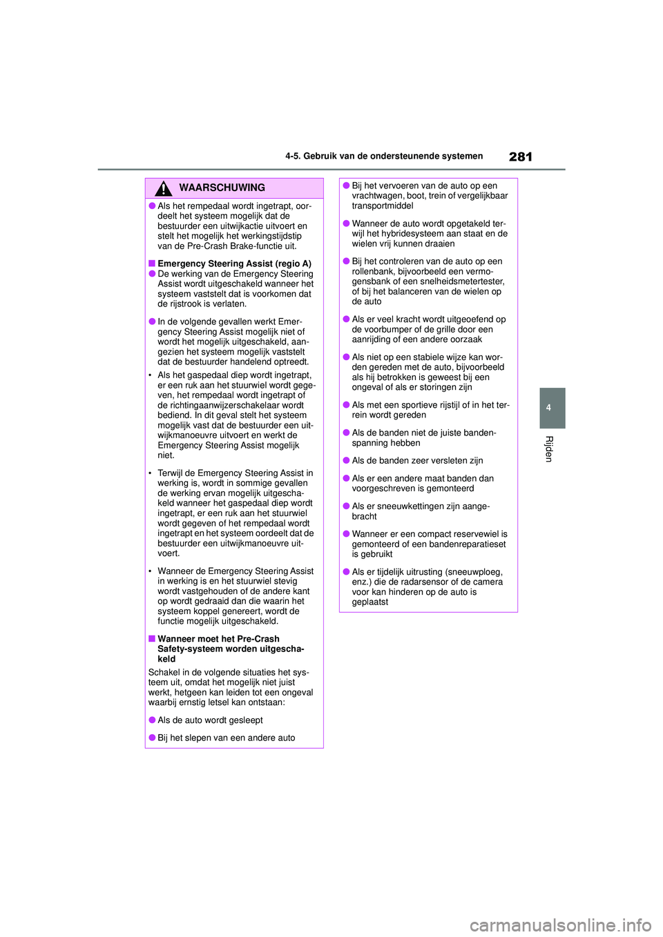 TOYOTA HIGHLANDER HYBRID 2021 Instructieboekje (in Dutch) 281
4
4-5. Gebruik van de ondersteunende systemen
Rijden
HIGHLANDER HV_EE
WAARSCHUWING
●Als het rempedaal wordt ingetrapt, oor-
deelt het systeem mogelijk dat de
bestuurder een uitwijkactie uitvoer TOYOTA HIGHLANDER HYBRID 2021 Instructieboekje (in Dutch) 281
4
4-5. Gebruik van de ondersteunende systemen
Rijden
HIGHLANDER HV_EE
WAARSCHUWING
●Als het rempedaal wordt ingetrapt, oor-
deelt het systeem mogelijk dat de
bestuurder een uitwijkactie uitvoer