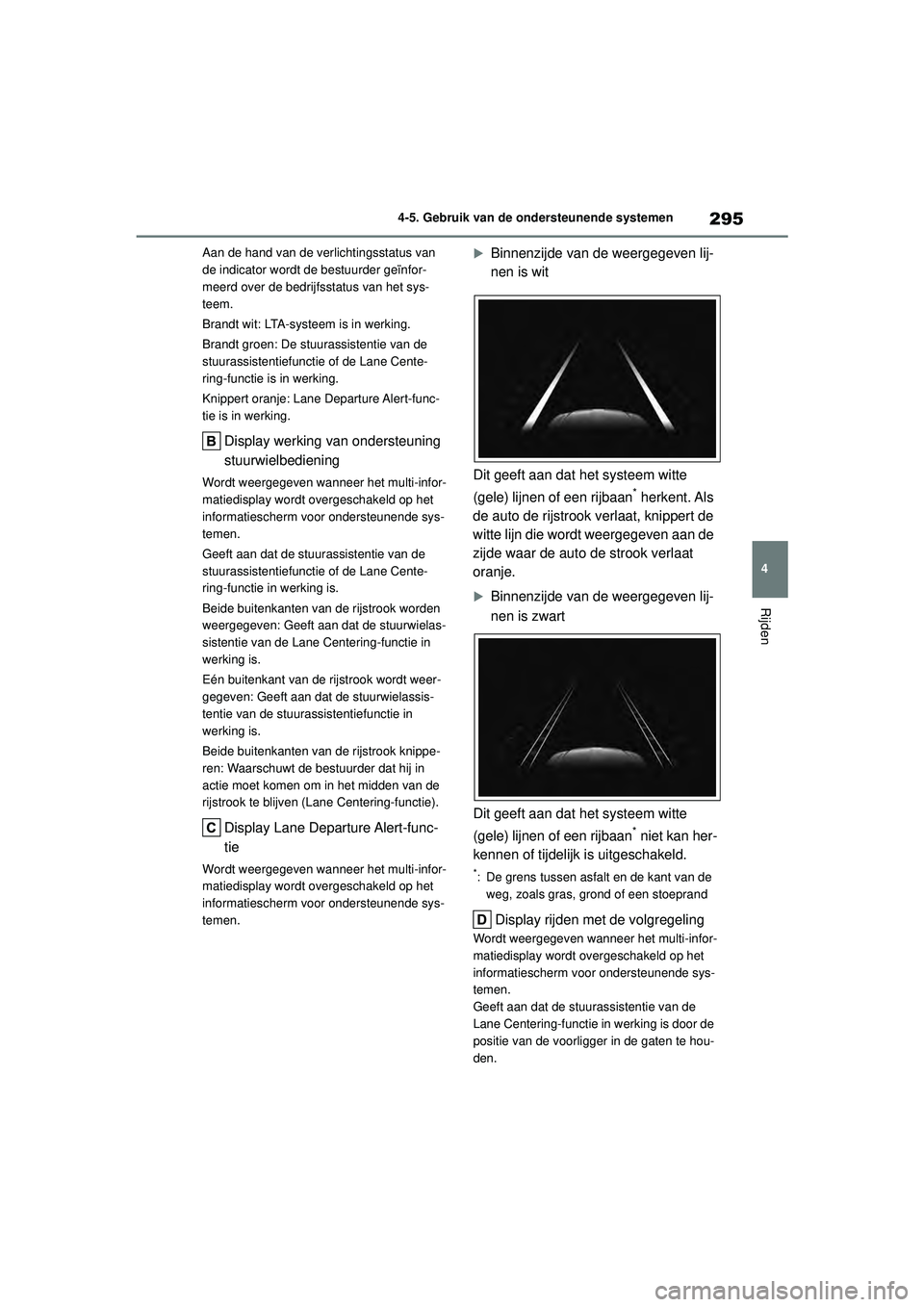 TOYOTA HIGHLANDER HYBRID 2021 Instructieboekje (in Dutch) 295
4
4-5. Gebruik van de ondersteunende systemen
Rijden
HIGHLANDER HV_EE Aan de hand van de verlichtingsstatus van
de indicator wordt de bestuurder geïnfor-
meerd over de bedrijfsstatus van het sys TOYOTA HIGHLANDER HYBRID 2021 Instructieboekje (in Dutch) 295
4
4-5. Gebruik van de ondersteunende systemen
Rijden
HIGHLANDER HV_EE Aan de hand van de verlichtingsstatus van
de indicator wordt de bestuurder geïnfor-
meerd over de bedrijfsstatus van het sys