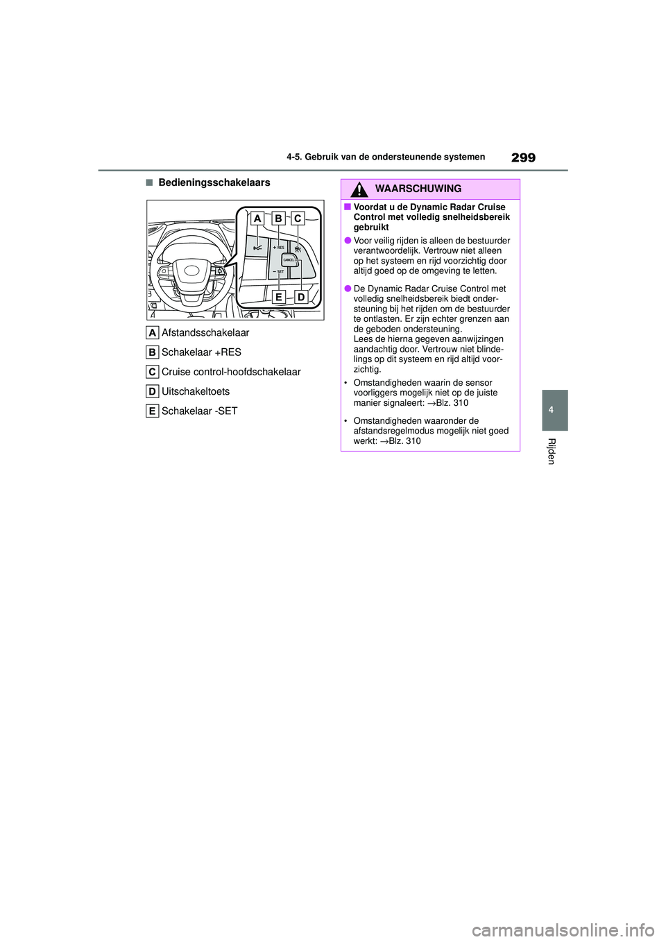 TOYOTA HIGHLANDER HYBRID 2021 Instructieboekje (in Dutch) 299
4
4-5. Gebruik van de ondersteunende systemen
Rijden
HIGHLANDER HV_EE
■Bedieningsschakelaars
Afstandsschakelaar
Schakelaar +RES
Cruise control-hoofdschakelaar
Uitschakeltoets
Schakelaar -SETWAAR TOYOTA HIGHLANDER HYBRID 2021 Instructieboekje (in Dutch) 299
4
4-5. Gebruik van de ondersteunende systemen
Rijden
HIGHLANDER HV_EE
■Bedieningsschakelaars
Afstandsschakelaar
Schakelaar +RES
Cruise control-hoofdschakelaar
Uitschakeltoets
Schakelaar -SETWAAR