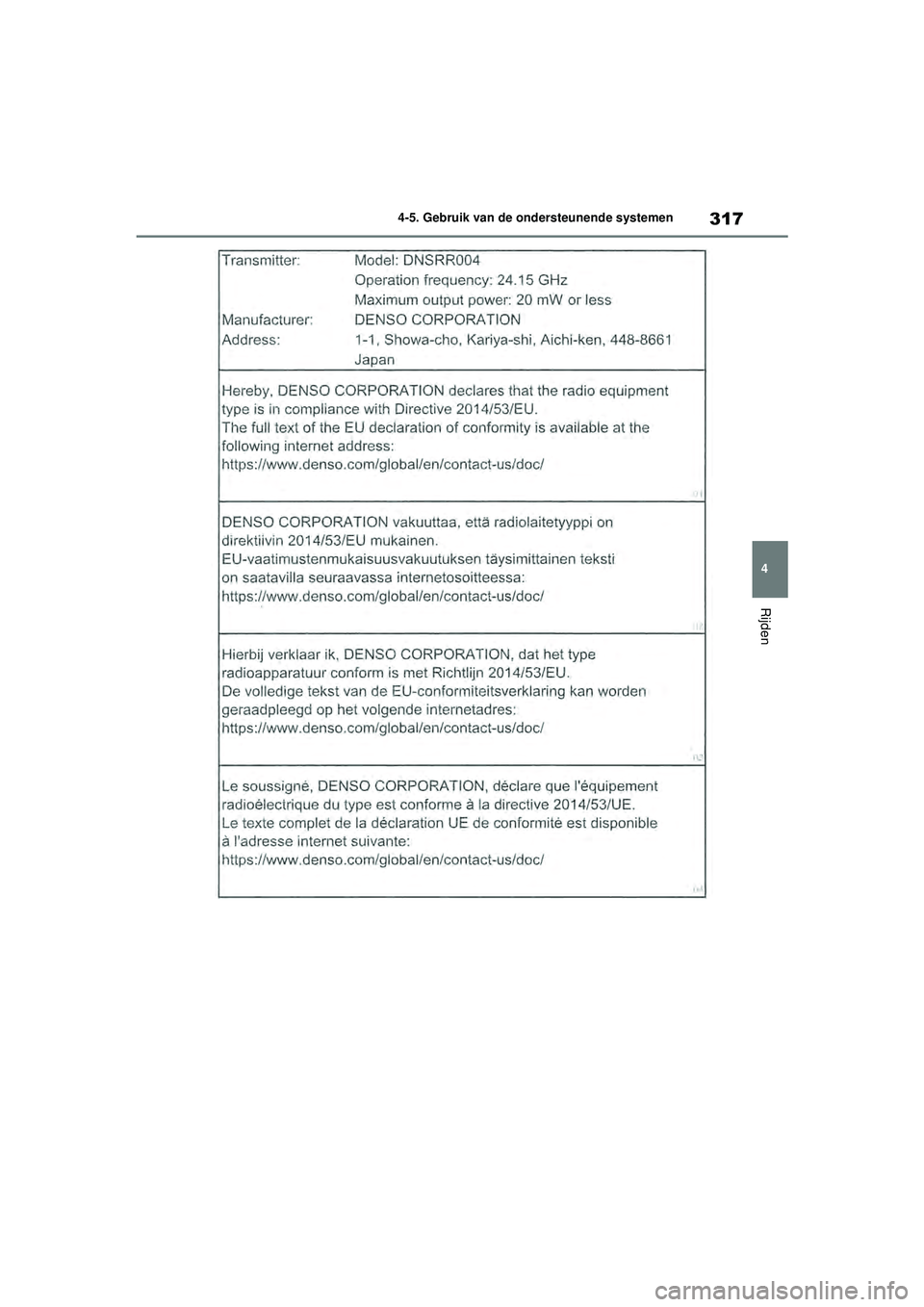 TOYOTA HIGHLANDER HYBRID 2021 Instructieboekje (in Dutch) 317
4
4-5. Gebruik van de ondersteunende systemen
Rijden
HIGHLANDER HV_EE
HIGHLANDER-HYBRID_OM_Europe_OM48G42E.book Page
317 Thursday, September 3, 2020 8:42 AM TOYOTA HIGHLANDER HYBRID 2021 Instructieboekje (in Dutch) 317
4
4-5. Gebruik van de ondersteunende systemen
Rijden
HIGHLANDER HV_EE
HIGHLANDER-HYBRID_OM_Europe_OM48G42E.book Page
317 Thursday, September 3, 2020 8:42 AM