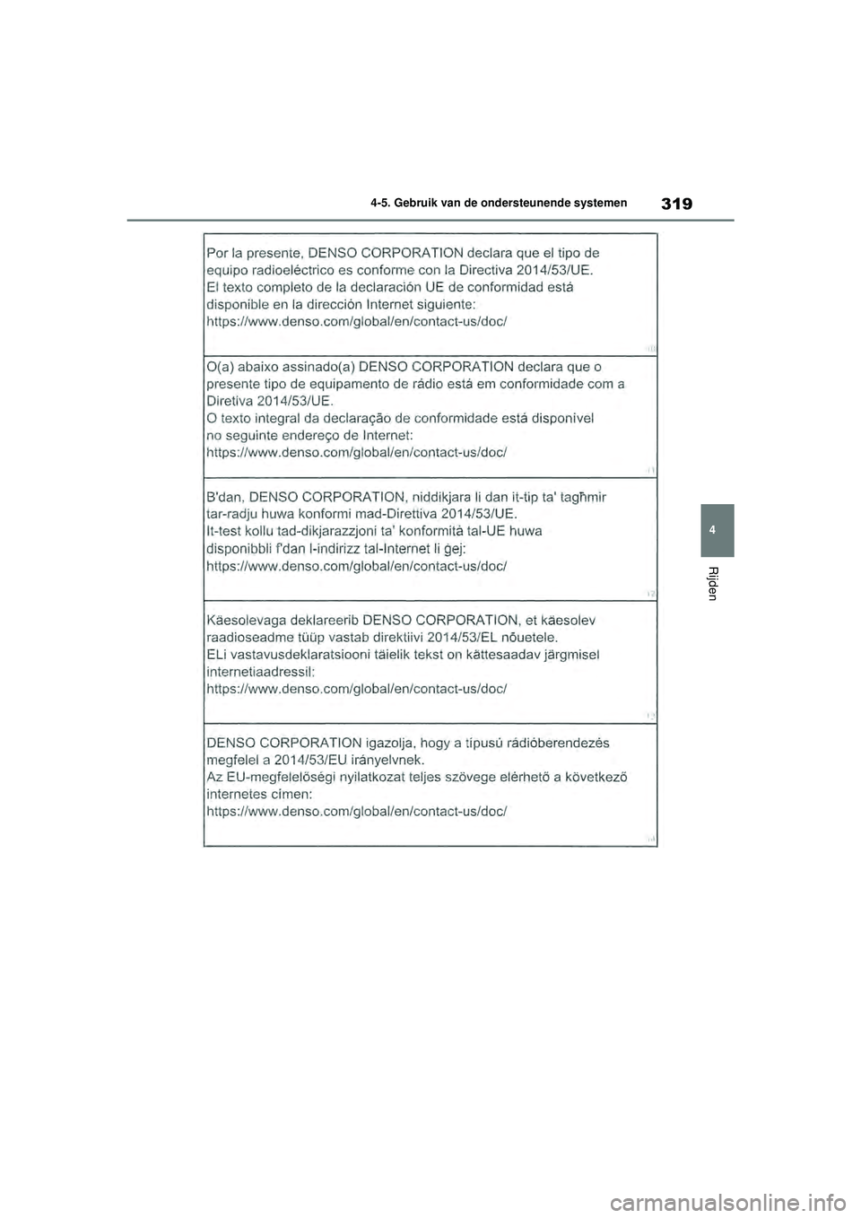 TOYOTA HIGHLANDER HYBRID 2021 Instructieboekje (in Dutch) 319
4
4-5. Gebruik van de ondersteunende systemen
Rijden
HIGHLANDER HV_EE
HIGHLANDER-HYBRID_OM_Europe_OM48G42E.book Page
319 Thursday, September 3, 2020 8:42 AM TOYOTA HIGHLANDER HYBRID 2021 Instructieboekje (in Dutch) 319
4
4-5. Gebruik van de ondersteunende systemen
Rijden
HIGHLANDER HV_EE
HIGHLANDER-HYBRID_OM_Europe_OM48G42E.book Page
319 Thursday, September 3, 2020 8:42 AM
