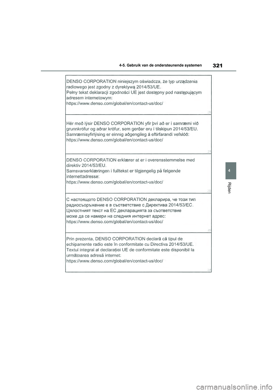 TOYOTA HIGHLANDER HYBRID 2021 Instructieboekje (in Dutch) 321
4
4-5. Gebruik van de ondersteunende systemen
Rijden
HIGHLANDER HV_EE
HIGHLANDER-HYBRID_OM_Europe_OM48G42E.book Page
321 Thursday, September 3, 2020 8:42 AM TOYOTA HIGHLANDER HYBRID 2021 Instructieboekje (in Dutch) 321
4
4-5. Gebruik van de ondersteunende systemen
Rijden
HIGHLANDER HV_EE
HIGHLANDER-HYBRID_OM_Europe_OM48G42E.book Page
321 Thursday, September 3, 2020 8:42 AM