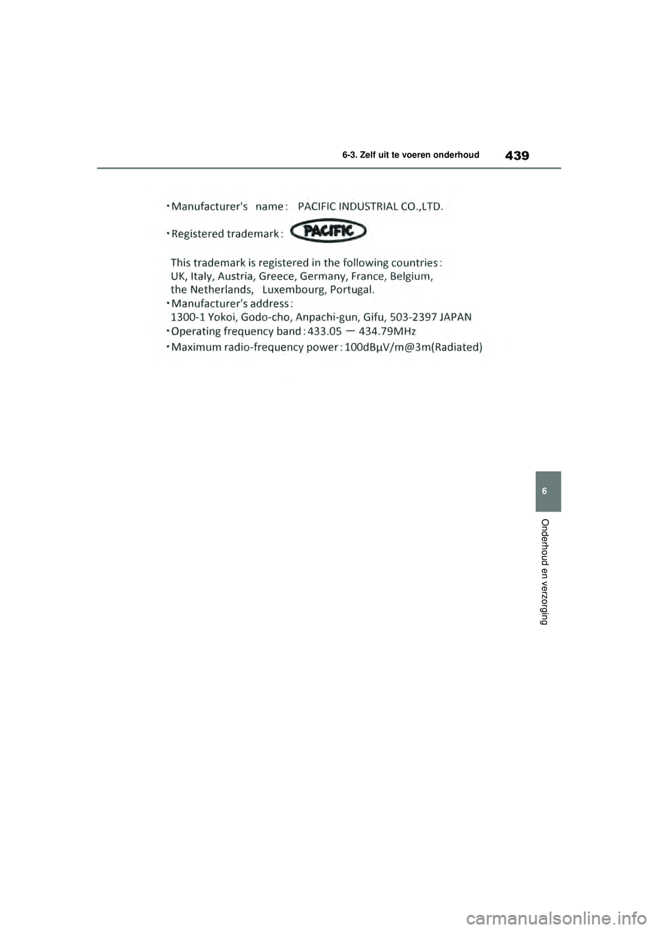 TOYOTA HIGHLANDER HYBRID 2021 Instructieboekje (in Dutch) 439
6
6-3. Zelf uit te voeren onderhoud
Onderhoud en verzorging
HIGHLANDER HV_EE
HIGHLANDER-HYBRID_OM_Europe_OM48G42E.book Page
439 Thursday, September 3, 2020 8:42 AM TOYOTA HIGHLANDER HYBRID 2021 Instructieboekje (in Dutch) 439
6
6-3. Zelf uit te voeren onderhoud
Onderhoud en verzorging
HIGHLANDER HV_EE
HIGHLANDER-HYBRID_OM_Europe_OM48G42E.book Page
439 Thursday, September 3, 2020 8:42 AM