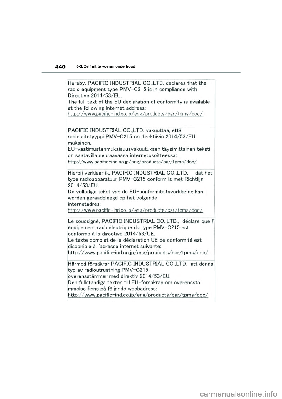 TOYOTA HIGHLANDER HYBRID 2021 Instructieboekje (in Dutch) 4406-3. Zelf uit te voeren onderhoud
HIGHLANDER HV_EE
HIGHLANDER-HYBRID_OM_Europe_OM48G42E.book Page 440 Thursday, September 3, 2020 8:42 AM TOYOTA HIGHLANDER HYBRID 2021 Instructieboekje (in Dutch) 4406-3. Zelf uit te voeren onderhoud
HIGHLANDER HV_EE
HIGHLANDER-HYBRID_OM_Europe_OM48G42E.book Page 440 Thursday, September 3, 2020 8:42 AM
