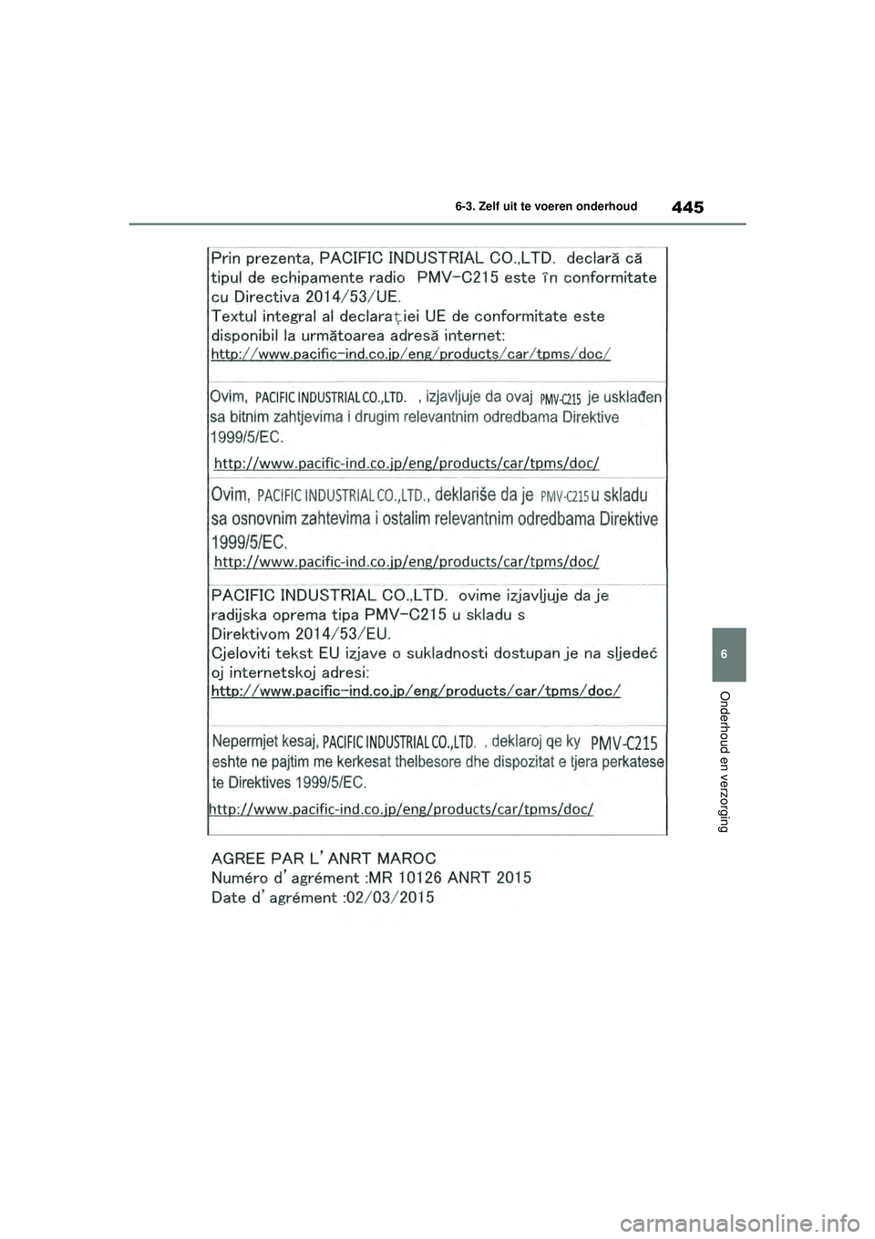 TOYOTA HIGHLANDER HYBRID 2021 Instructieboekje (in Dutch) 445
6
6-3. Zelf uit te voeren onderhoud
Onderhoud en verzorging
HIGHLANDER HV_EE
HIGHLANDER-HYBRID_OM_Europe_OM48G42E.book Page
445 Thursday, September 3, 2020 8:42 AM TOYOTA HIGHLANDER HYBRID 2021 Instructieboekje (in Dutch) 445
6
6-3. Zelf uit te voeren onderhoud
Onderhoud en verzorging
HIGHLANDER HV_EE
HIGHLANDER-HYBRID_OM_Europe_OM48G42E.book Page
445 Thursday, September 3, 2020 8:42 AM