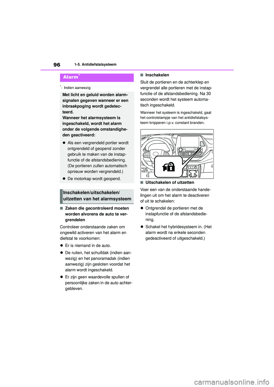 TOYOTA HIGHLANDER HYBRID 2021 Instructieboekje (in Dutch) 961-5. Antidiefstalsysteem
HIGHLANDER HV_EE
*: Indien aanwezig
■Zaken die gecontroleerd moeten
worden alvorens de auto te ver-
grendelen
Controleer onderstaande zaken om
ongewild activeren van het TOYOTA HIGHLANDER HYBRID 2021 Instructieboekje (in Dutch) 961-5. Antidiefstalsysteem
HIGHLANDER HV_EE
*: Indien aanwezig
■Zaken die gecontroleerd moeten
worden alvorens de auto te ver-
grendelen
Controleer onderstaande zaken om
ongewild activeren van het