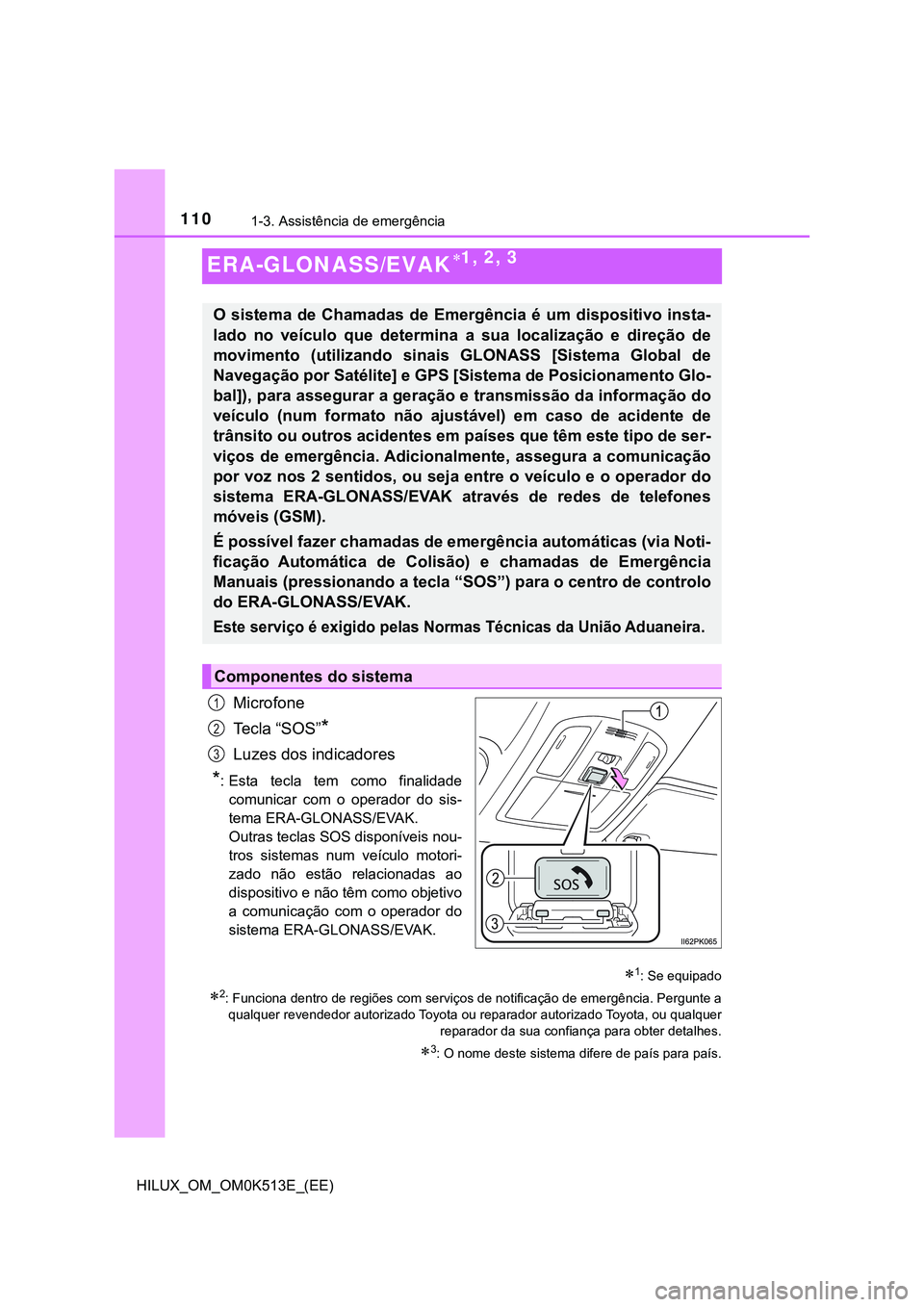 TOYOTA HILUX 2023 Manual de utilização (in Portuguese) 1101-3. Assistência de emergência
HILUX_OM_OM0K513E_(EE)
ERA-GLONASS/EVAK1, 2, 3
Microfone
Te c l a “ S O S ”
*
Luzes dos indicadores
*: Esta tecla tem como finalidade
comunicar com o TOYOTA HILUX 2023 Manual de utilização (in Portuguese) 1101-3. Assistência de emergência
HILUX_OM_OM0K513E_(EE)
ERA-GLONASS/EVAK1, 2, 3
Microfone
Te c l a “ S O S ”
*
Luzes dos indicadores
*: Esta tecla tem como finalidade
comunicar com o