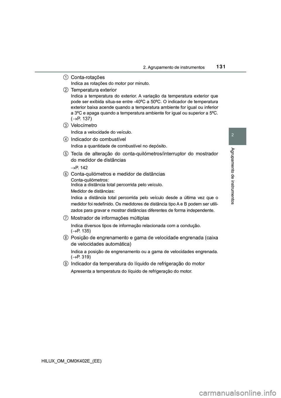 TOYOTA HILUX 2023 Manual de utilização (in Portuguese) 1312. Agrupamento de instrumentos
2
Agrupamento de instrumentos
HILUX_OM_OM0K402E_(EE)
Conta-rotações
Indica as rotações do motor por minuto.
Temperatura exterior
Indica a temperatura do exter TOYOTA HILUX 2023 Manual de utilização (in Portuguese) 1312. Agrupamento de instrumentos
2
Agrupamento de instrumentos
HILUX_OM_OM0K402E_(EE)
Conta-rotações
Indica as rotações do motor por minuto.
Temperatura exterior
Indica a temperatura do exter