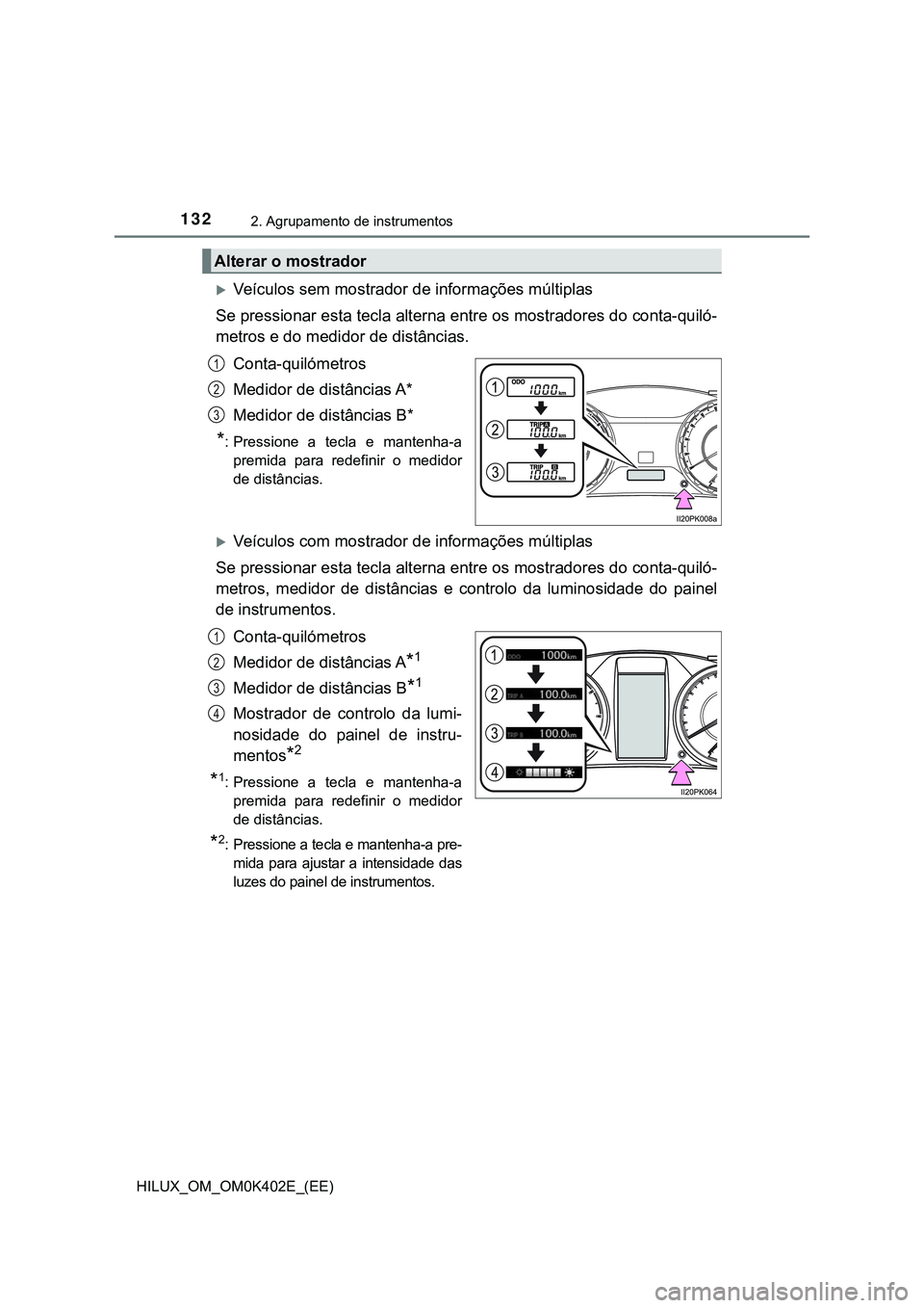 TOYOTA HILUX 2023 Manual de utilização (in Portuguese) 1322. Agrupamento de instrumentos
HILUX_OM_OM0K402E_(EE)
Veículos sem mostrador de informações múltiplas
Se pressionar esta tecla alterna entre os mostradores do conta-quiló-
metros e do medid TOYOTA HILUX 2023 Manual de utilização (in Portuguese) 1322. Agrupamento de instrumentos
HILUX_OM_OM0K402E_(EE)
Veículos sem mostrador de informações múltiplas
Se pressionar esta tecla alterna entre os mostradores do conta-quiló-
metros e do medid