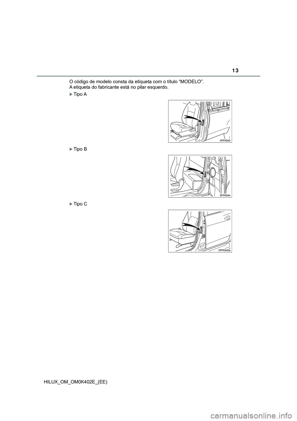 TOYOTA HILUX 2023 Manual de utilização (in Portuguese) 13
HILUX_OM_OM0K402E_(EE)O código de modelo consta da etiqueta com o título “MODELO”.
A etiqueta do fabricante está no pilar esquerdo.
Tipo A
Tipo B
Tipo C TOYOTA HILUX 2023 Manual de utilização (in Portuguese) 13
HILUX_OM_OM0K402E_(EE)O código de modelo consta da etiqueta com o título “MODELO”.
A etiqueta do fabricante está no pilar esquerdo.
Tipo A
Tipo B
Tipo C