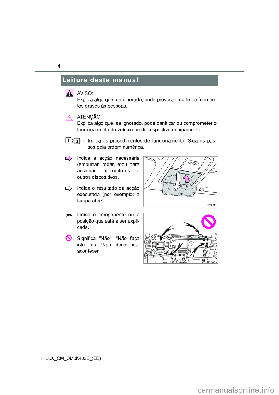 TOYOTA HILUX 2023 Manual de utilização (in Portuguese) 14
HILUX_OM_OM0K402E_(EE)
Leitura deste manual
AV I S O :
Explica algo que, se ignorado, pode provocar morte ou ferimen-
tos graves às pessoas.
ATENÇÃO:
Explica algo que, se ignorado, pode danif TOYOTA HILUX 2023 Manual de utilização (in Portuguese) 14
HILUX_OM_OM0K402E_(EE)
Leitura deste manual
AV I S O :
Explica algo que, se ignorado, pode provocar morte ou ferimen-
tos graves às pessoas.
ATENÇÃO:
Explica algo que, se ignorado, pode danif