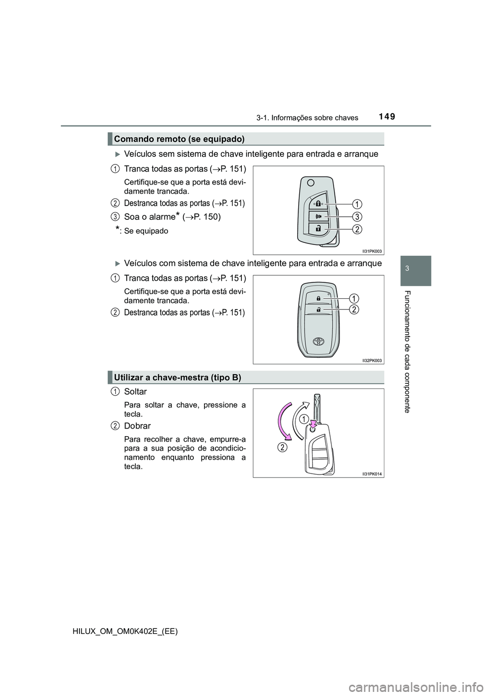TOYOTA HILUX 2023 Manual de utilização (in Portuguese) 1493-1. Informações sobre chaves
3
Funcionamento de cada componente
HILUX_OM_OM0K402E_(EE)
Veículos sem sistema de chave inteligente para entrada e arranque
Tranca todas as portas (P. 151)
Ce TOYOTA HILUX 2023 Manual de utilização (in Portuguese) 1493-1. Informações sobre chaves
3
Funcionamento de cada componente
HILUX_OM_OM0K402E_(EE)
Veículos sem sistema de chave inteligente para entrada e arranque
Tranca todas as portas (P. 151)
Ce