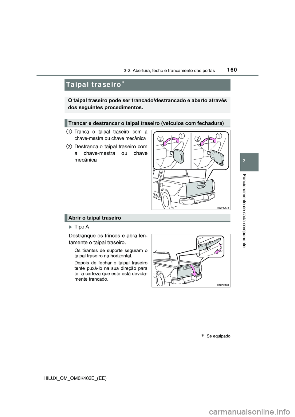 TOYOTA HILUX 2023 Manual de utilização (in Portuguese) 160
3
3-2. Abertura, fecho e trancamento das portas
Funcionamento de cada componente
HILUX_OM_OM0K402E_(EE)
Taipal traseiro
Tranca o taipal traseiro com a
chave-mestra ou chave mecânica
Destr TOYOTA HILUX 2023 Manual de utilização (in Portuguese) 160
3
3-2. Abertura, fecho e trancamento das portas
Funcionamento de cada componente
HILUX_OM_OM0K402E_(EE)
Taipal traseiro
Tranca o taipal traseiro com a
chave-mestra ou chave mecânica
Destr