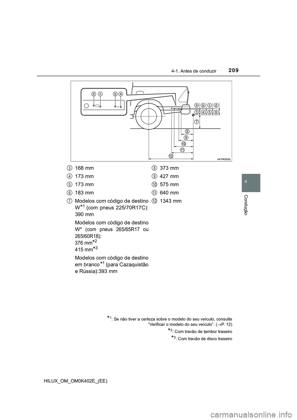 TOYOTA HILUX 2023  Manual de utilização (in Portuguese) 2094-1. Antes de conduzir
4
Condução
HILUX_OM_OM0K402E_(EE)
168 mm
173 mm
173 mm
183 mm
Modelos com código de destino
W
*1  (com  pneus  225/70R17C):
390 mm
Modelos com código de destino
W*
  (com