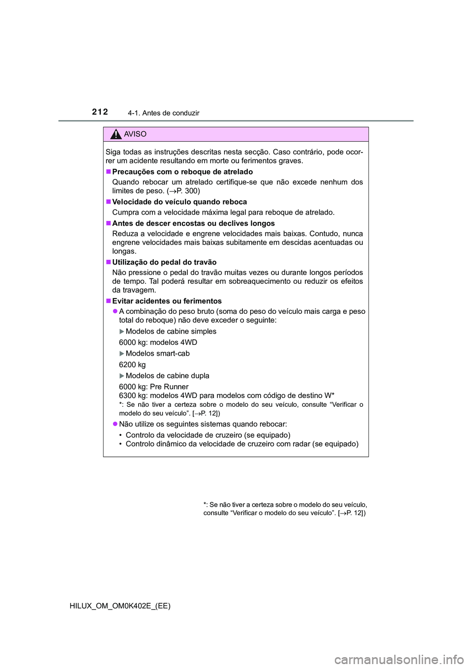 TOYOTA HILUX 2023  Manual de utilização (in Portuguese) 2124-1. Antes de conduzir
HILUX_OM_OM0K402E_(EE)
AV I S O
Siga  todas  as instruções  descritas nesta  secção.  Caso  contrário,  pode ocor-
rer um acidente resultando em morte ou ferimentos grav
